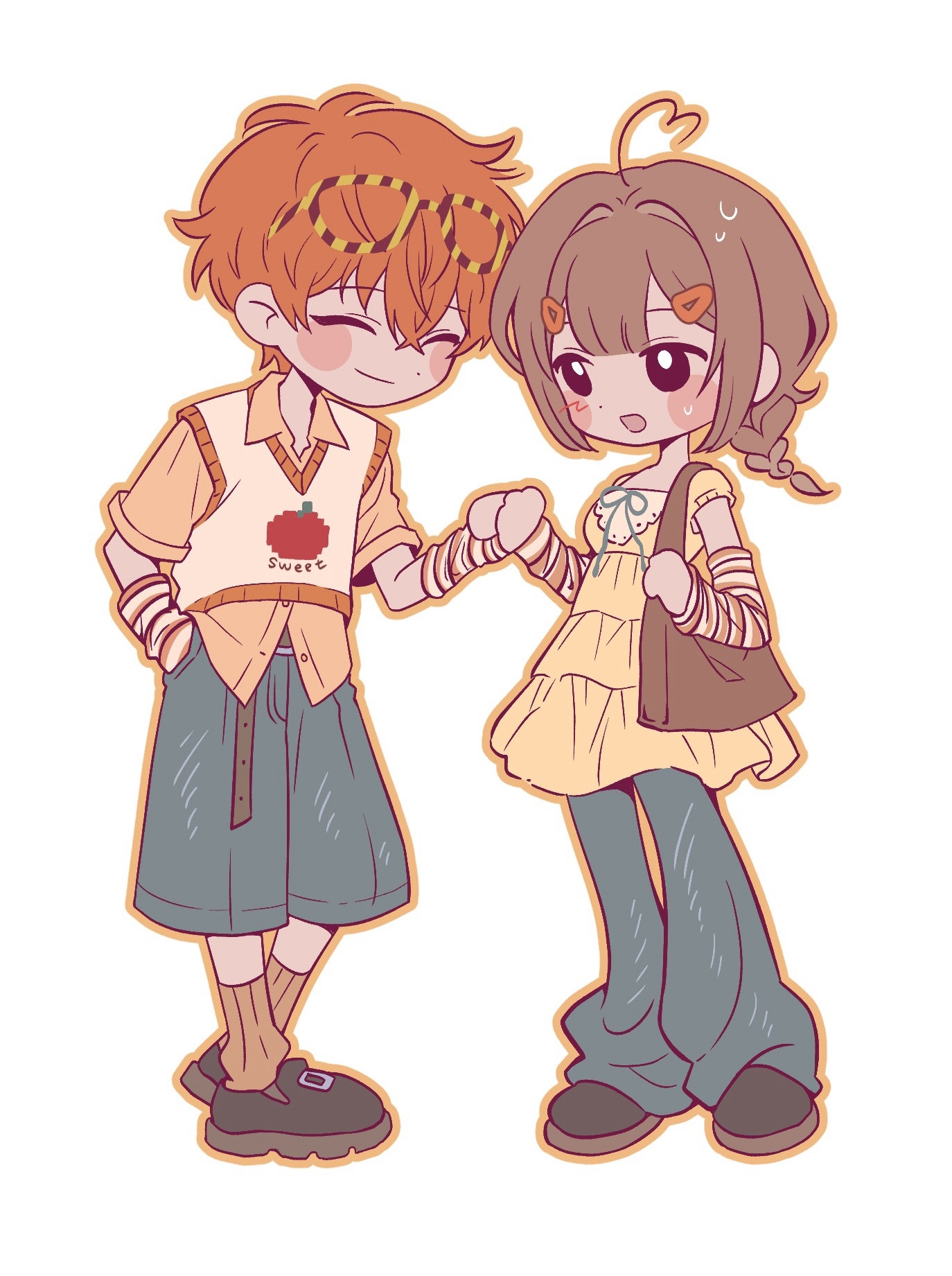 Omakase style commission where the artist puts furisae in whatever outfit they felt like. Furisae in matching yellow outfits, saeyoung holding furina’s hand and they’re getting ready for a date. Art by illy (crepe)