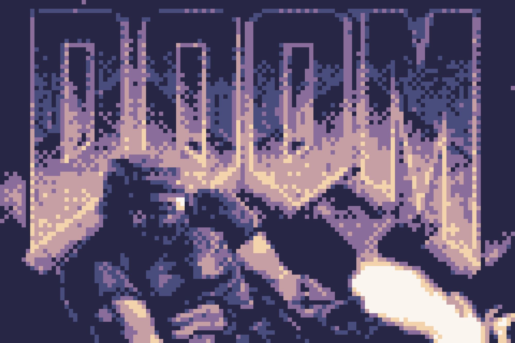 A low resolution rendering of the Doom title screen, in a minimal palette consisting of lavender tinted shades.