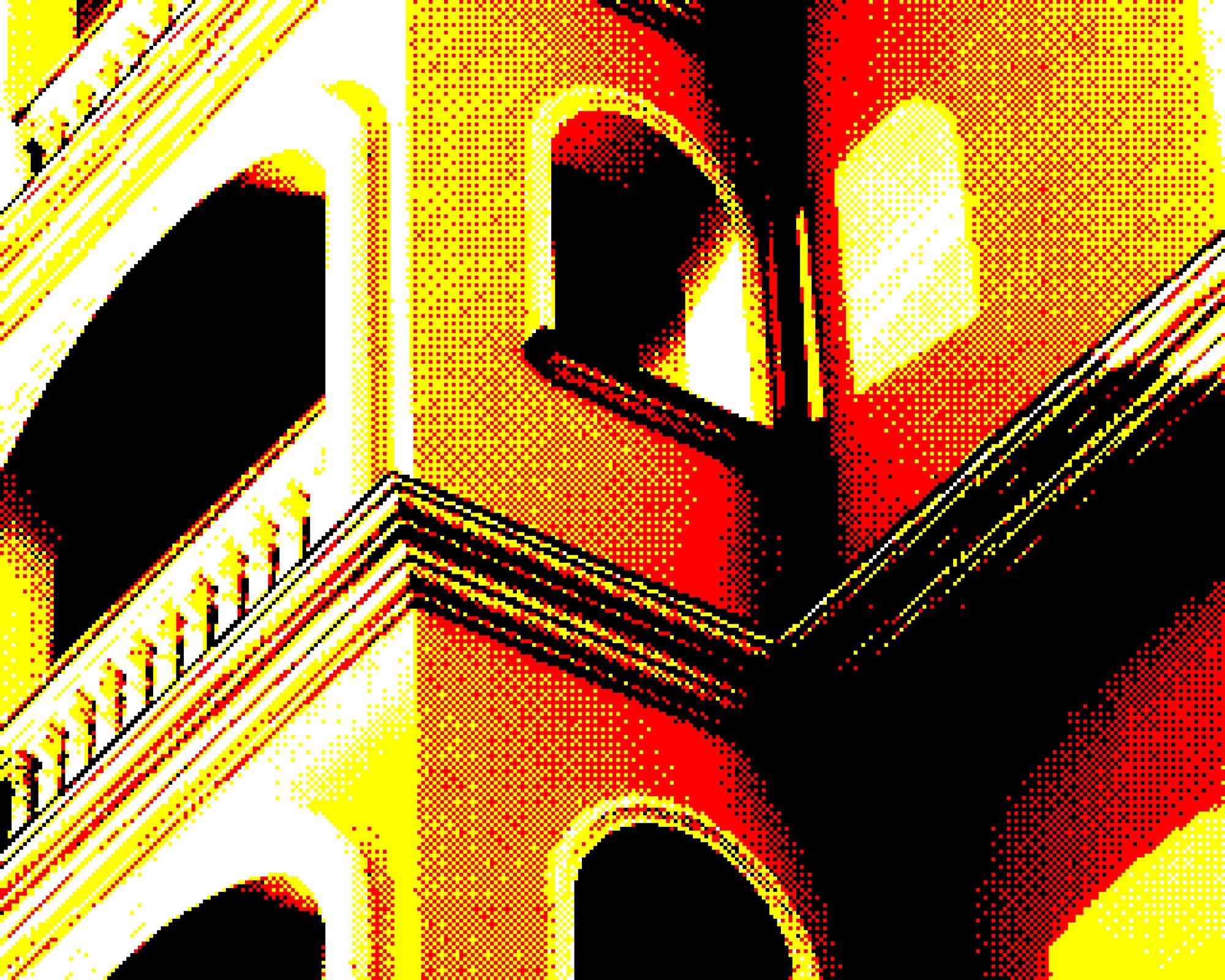 The frontage of a building with a protruding balcony in sunlight. Light is shining in the front of the balcony and through a side window onto the adjacent wall. Rendered in a limited colour palette (yellow, red, black and white) with significant visible dithering.