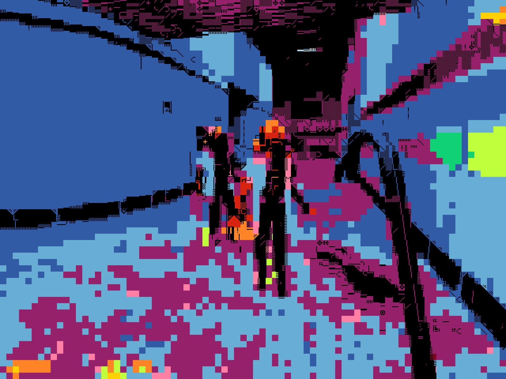 An image composed of text characters in a limited colour palette of a blue, purple and red/orange. Whilst somewhat abstract, the image just discernible as being from the classic “Half-Life” PC game, with the protagonist wielding a crowbar as two mutilated scientists approach.