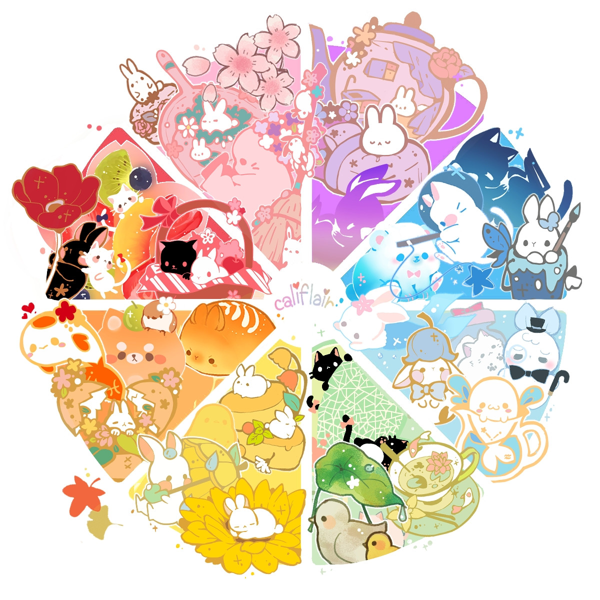 an illustration of a color wheel full of kitties, bunnies, and other dainty animals