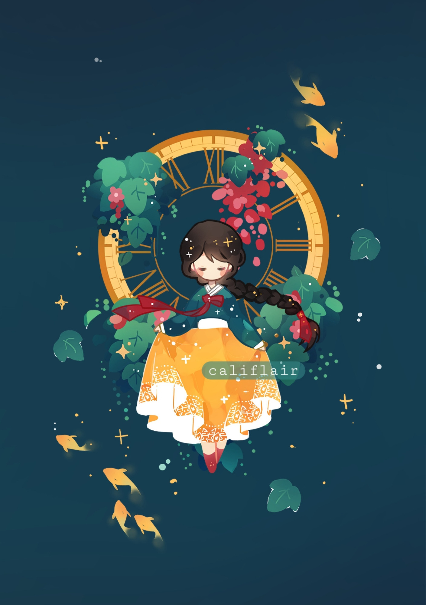 Illustration of a dark-haired girl with braided hair wearing teal and yellow hanbok. A large clock is behind her, with floating lily pads and orange-colored fish.