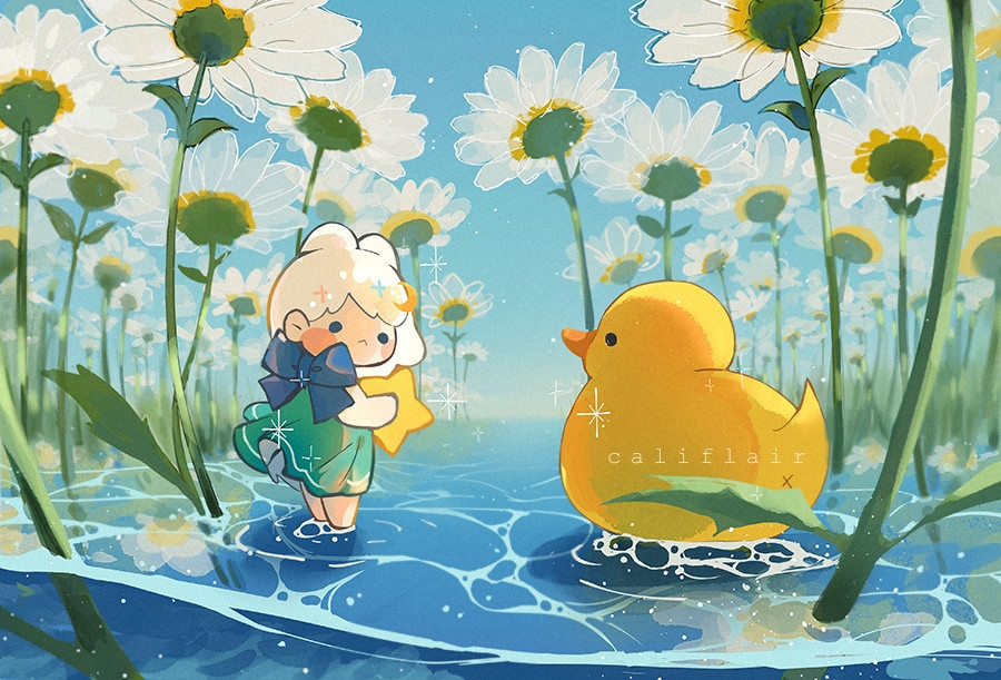 Illustration of a small white-haired sprite looking at a duck. They're at a blue pond surrounded by tall daisy stalks. 