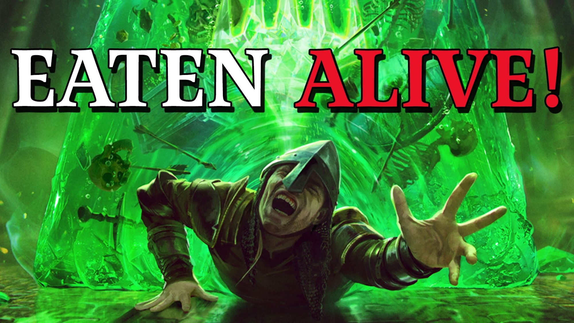 A medieval soldier on his stomach reaches for the camera with an expression of agony. He is being dragged backwards into a green gelatinous cube, inside of which floats the bones and weapons of the cube's previous victims. The text "Eaten Alive!" is written over the image.