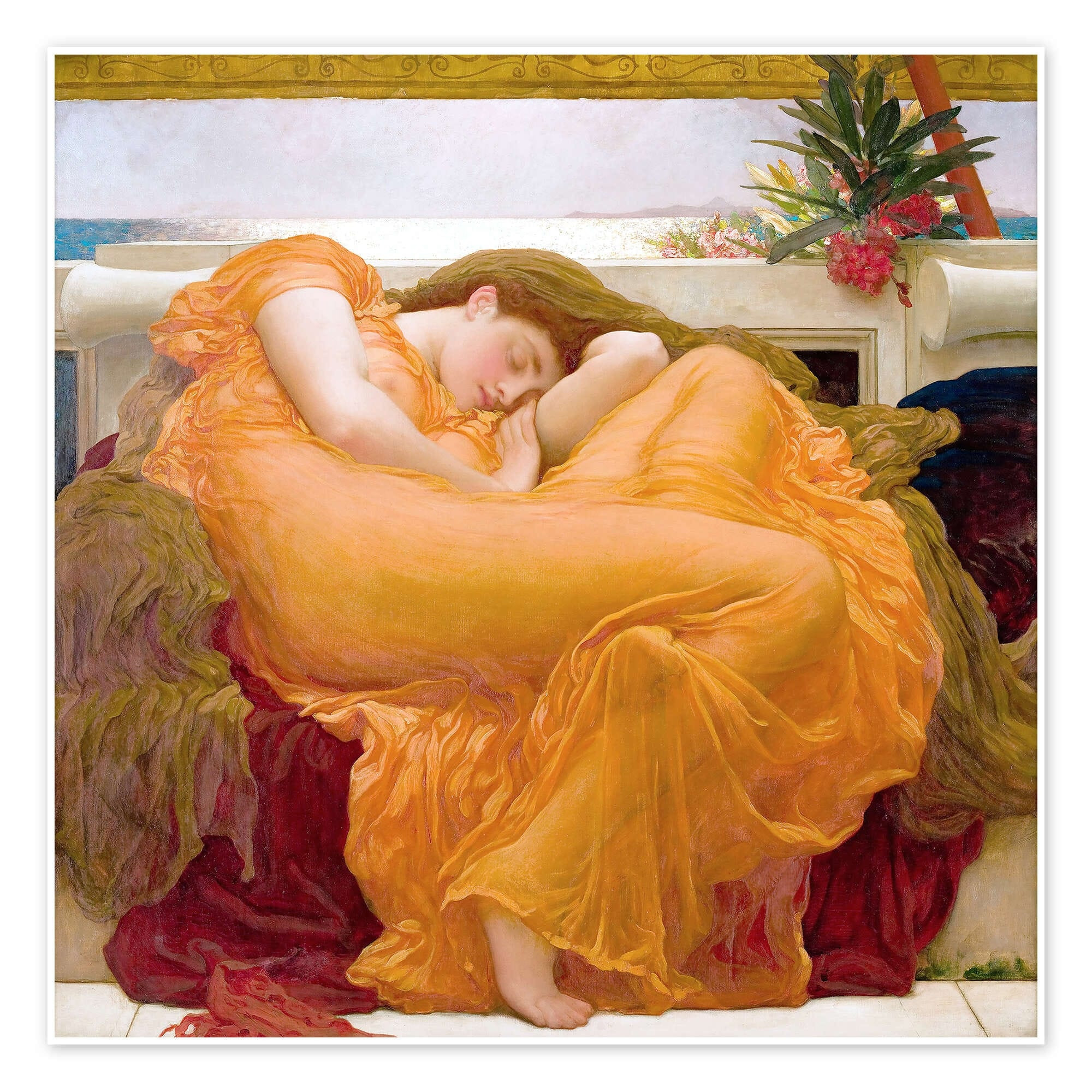 "Flaming June" by Frederic Leighton is a painting depicting a young woman, possibly in a Mediterranean ocean setting, asleep on a couch, draped in a sheer orange gown. The artwork, completed in 1895, is known for the warm hues of the woman's dress and the setting sun, and its depiction of a languid, sensual pose.