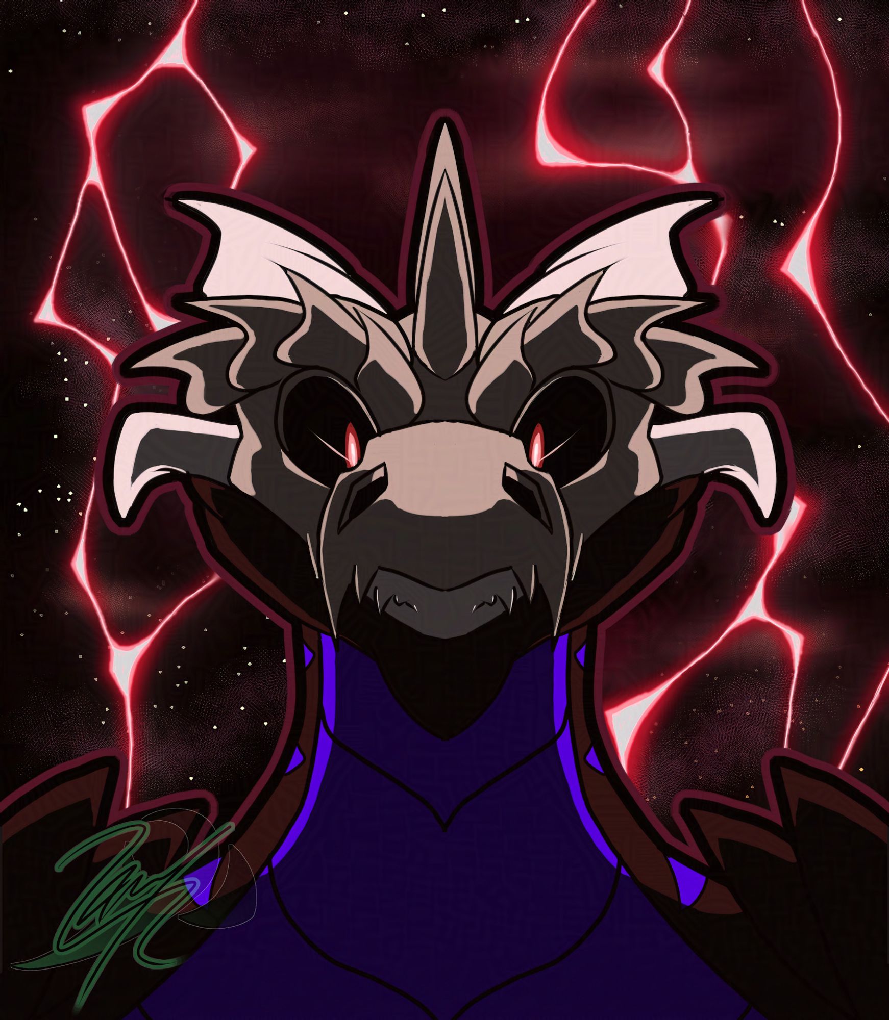 A POV portrait with the viewer looking up from down below, seeing a black and violet dragon, wearing a skullmask. The dragon does have malicious red eyes and a devilish expression grinning down at the viewer, while red-tinted lightning strikes in the background. The dragon also seems to be possessed by the mask.