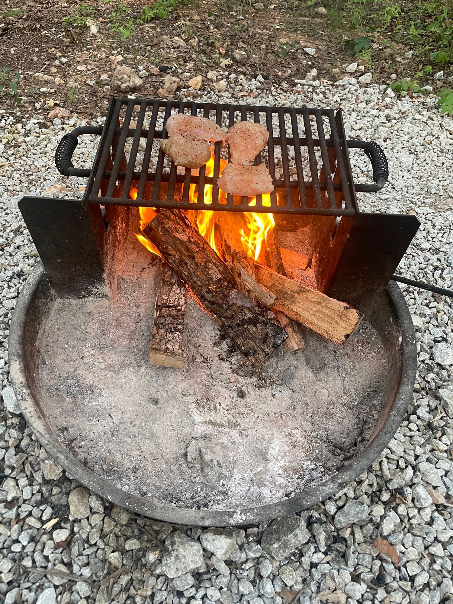 Chicken grilling over an opened flame circular fire pit. 
