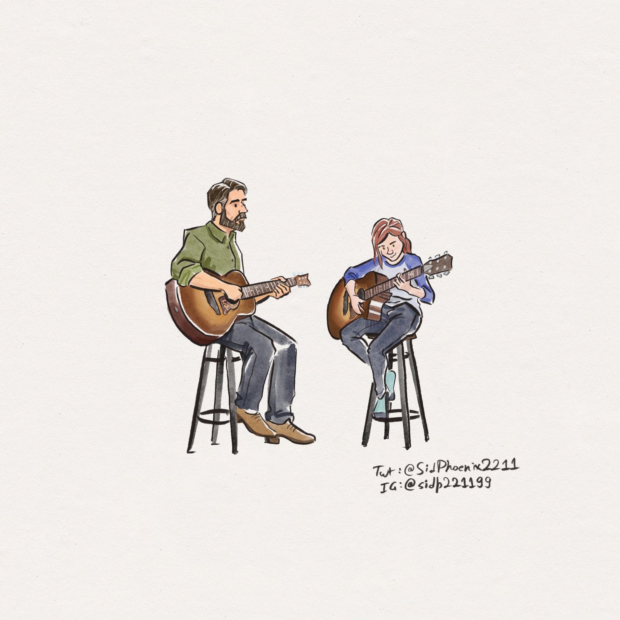 a simple doodle of Joel and Ellie, characters from the video game, "The Last of Us". They are both sititng on stools beside each other, with a guitar in their hands. With a pleasant expression on their face, they pluck away. The illustrastion has a water colour look to it.