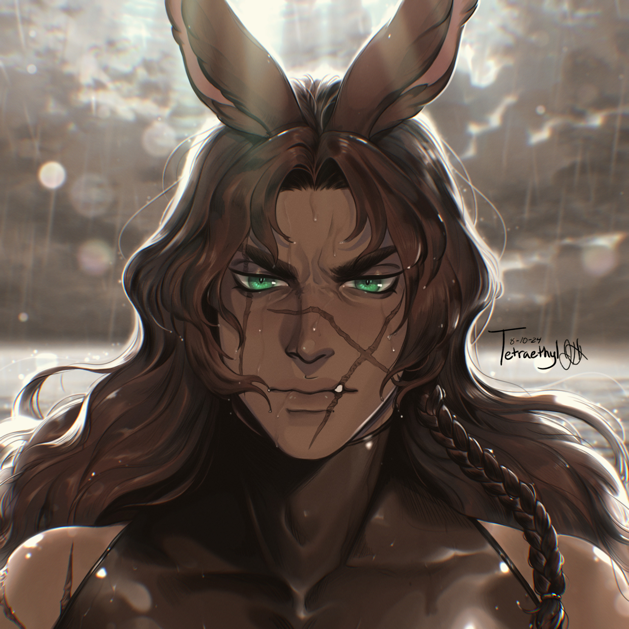 Portrait of a male viera from Final Fantasy 14, with long wavy brown hair, a braid on the right (when looking at him). His eyes are green, he has scars on his face with one cutting through his upper lip to show a tooth, wearing a dark, sleeveless top. The background is a storm, with rain drops scattered all over and sunlight shining rays through the clouds.