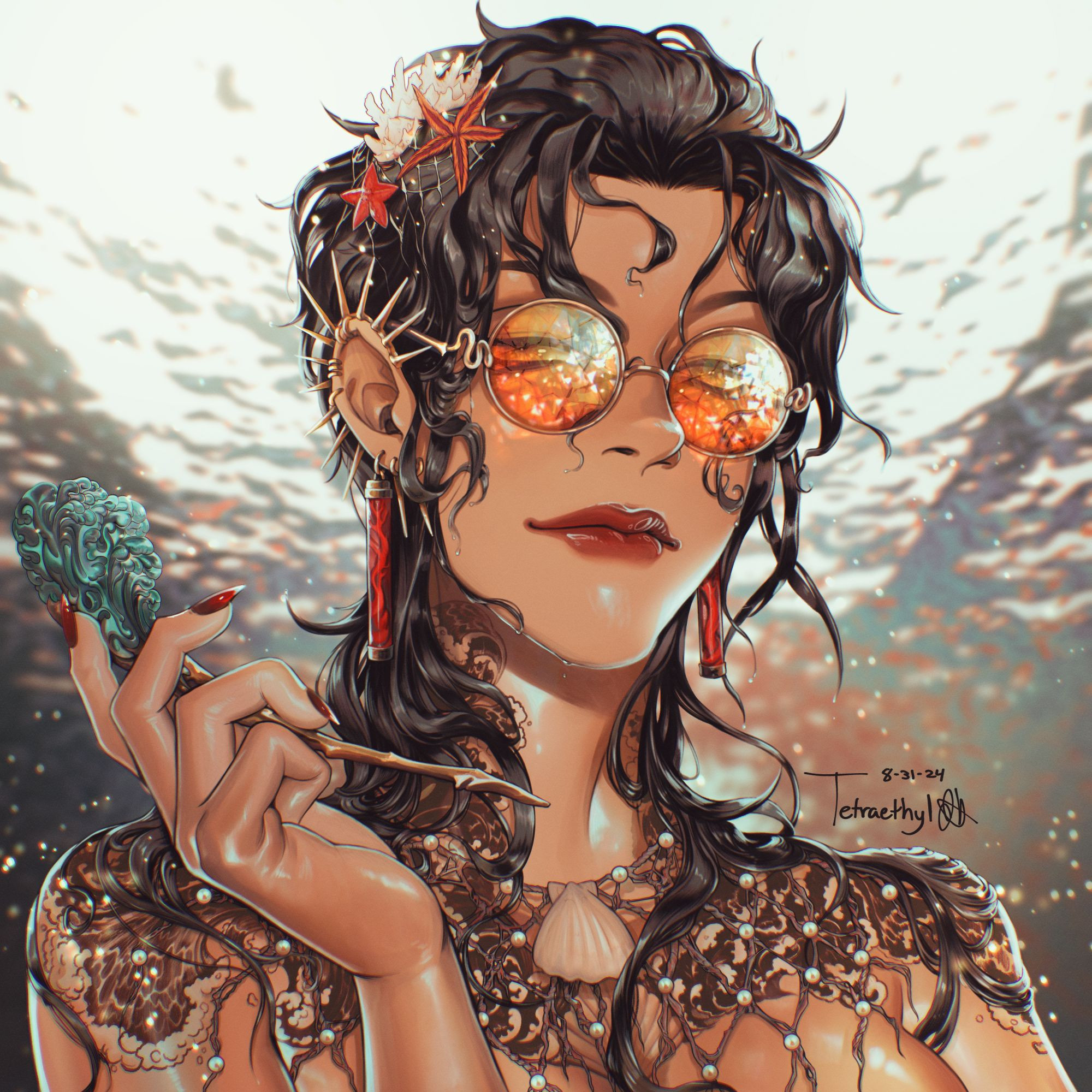 Bust of a woman with wet black hair, wearing orange tinted, round glasses that have gold frames with snake decorations. She has tattoos forming waves on her shoulders and chest, and is wearing a net decorated with pearls and a shell at her collarbone. In her hand is a pipe with blue waves carved out of a gem, and her hair is decorated with a shell and 2 starfish. Her earrings are gold spikes with red coral inside glass tubes.