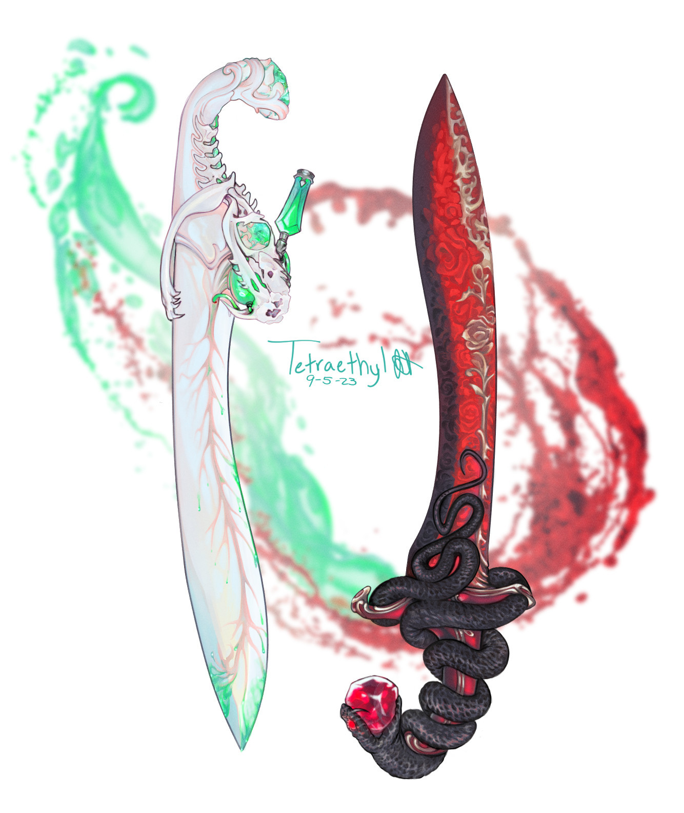 Rogue - twin daggers Wither and Bloom. Wither is a pale dagger, a snake skull on the hilt that, when pressed down, squeezes poison from a sac under its fangs, into a wire that feeds into a vein down the blade. Bloom is the red dagger, its blade resembling roses, with a black snake coiled around the hilt and holding a red gem in its mouth; it gains its deep red color from the blood of its victims.