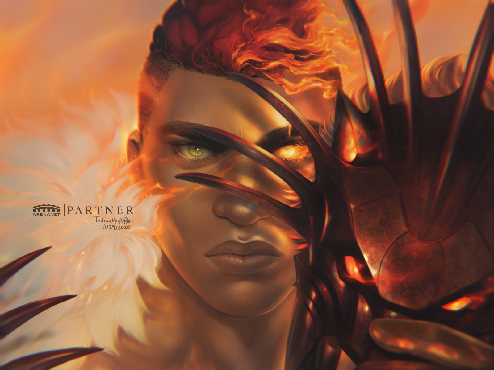 Portrait of a Guild Wars 2 character, Braham, with red hair turning into flames, holding a spiked wolf mask, one eye is glowing orange, and he's wearing fur. This piece was sponsored by Arena Net when I was a partner.