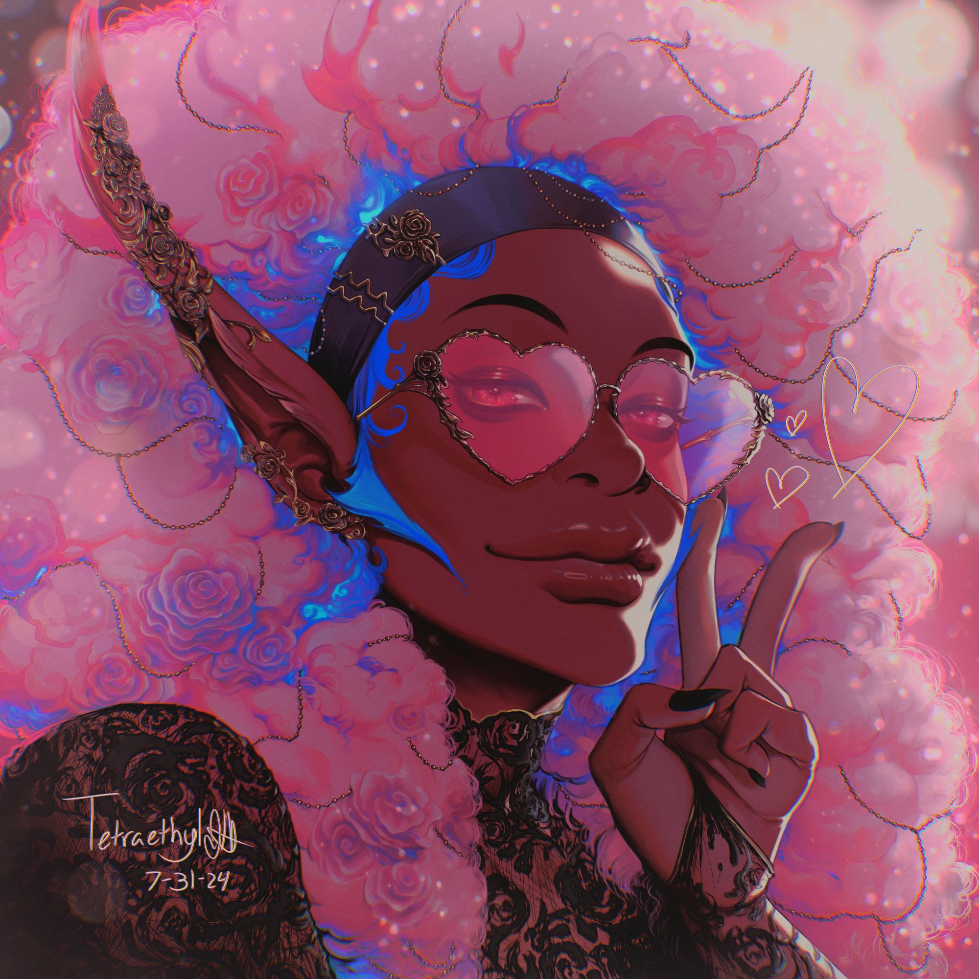 Portrait of a character (he/him) wearing black rose lace, holding his hand up in a peace sign like it's a selfie. He is wearing heart shaped pink tinted glasses with thorny gold rims, gold accessories, with a hair band and blue-pink curly hair that swirls into the shape of roses in some places. He has blue sideburns and long rabbit-like ears.