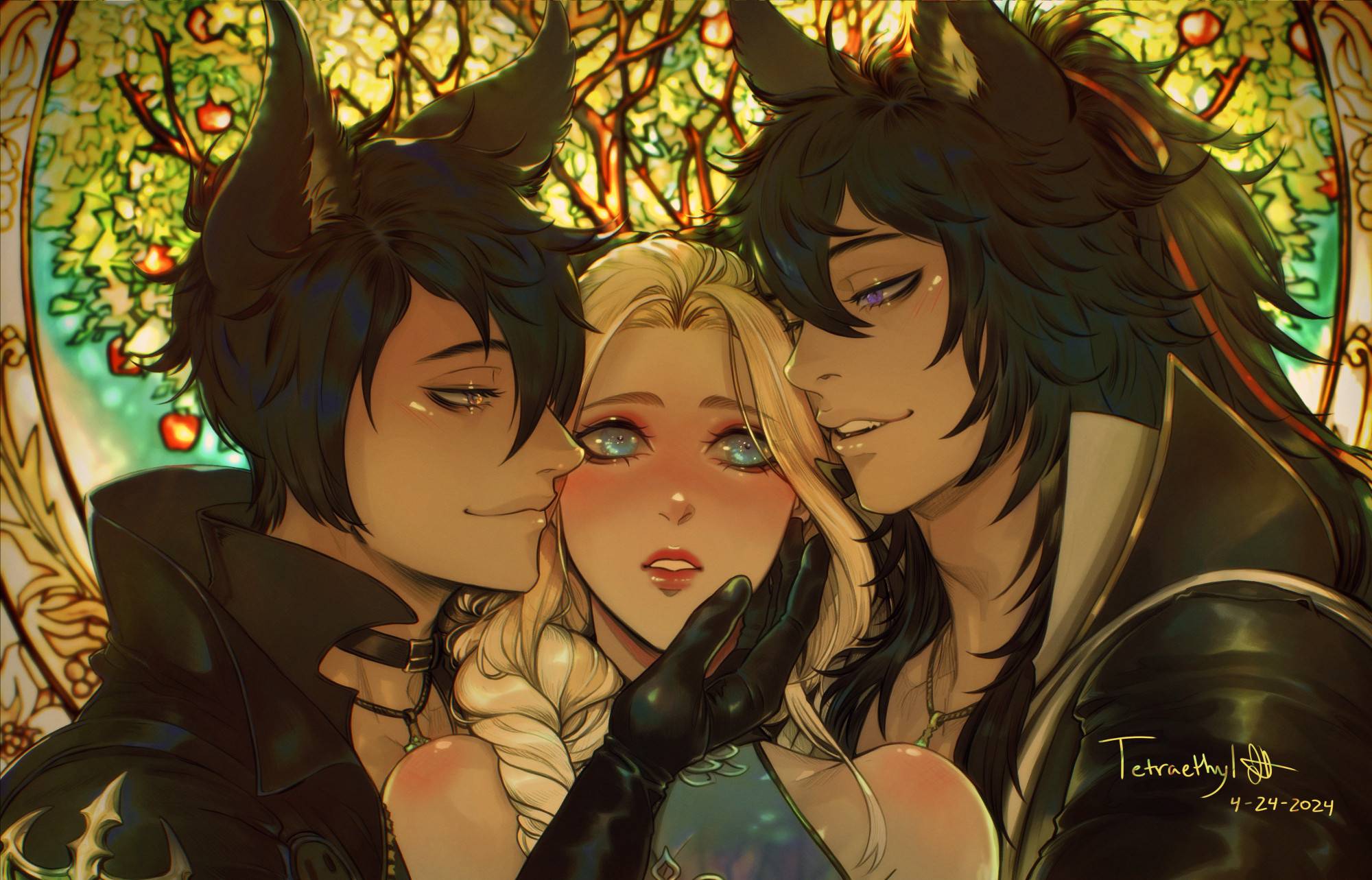 A blonde woman blushing in the middle while two dark haired men with wolf-like ears are on either side of her. The background is a stained glass apple tree.