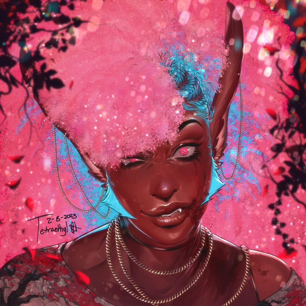 Portrait art of a character, pink and blue hair with braids on one side, long ears, gold accessories