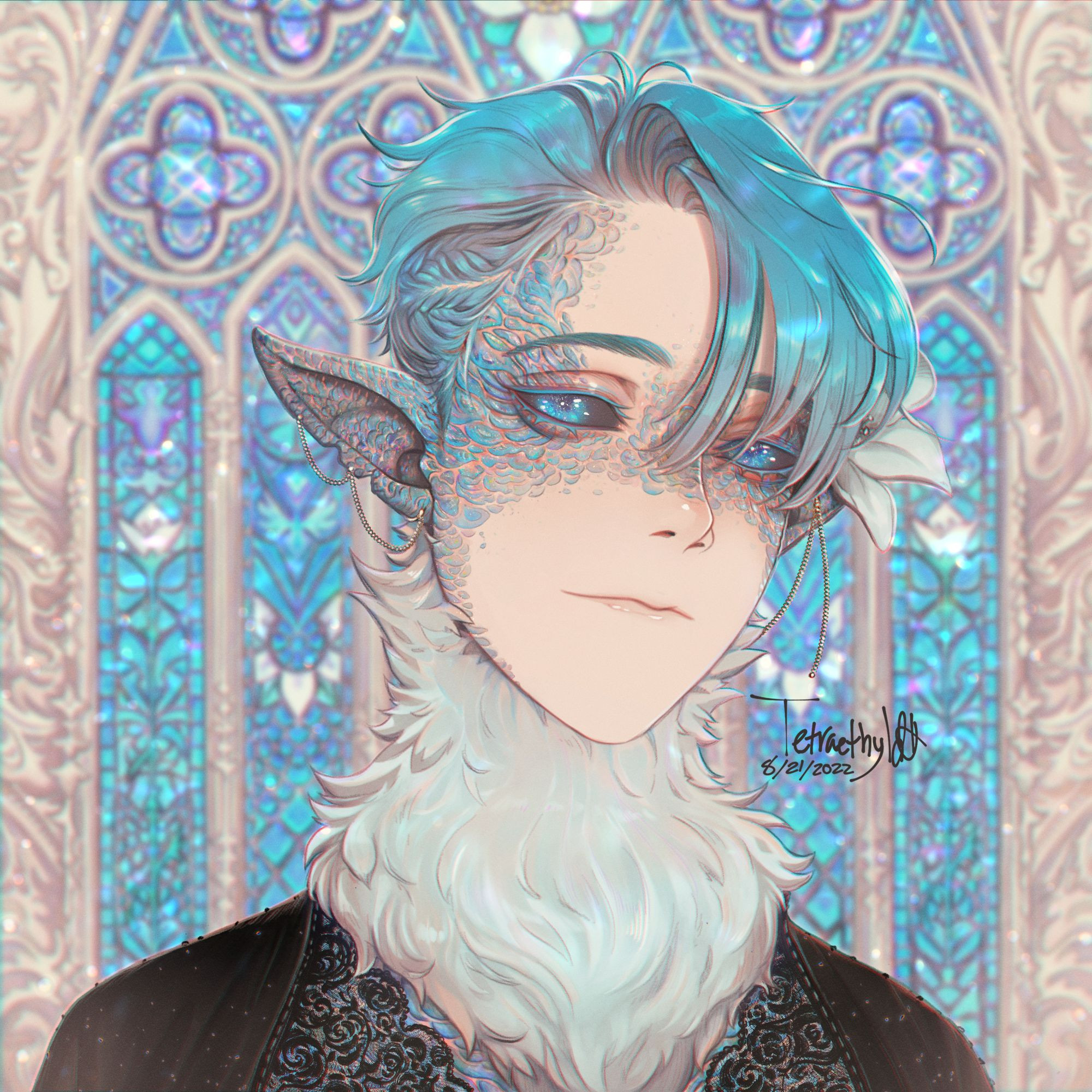 Portrait commission of a character with blue hair, scales, pointed ears, a fluffy neck, wearing black lace with stained glass in the background.