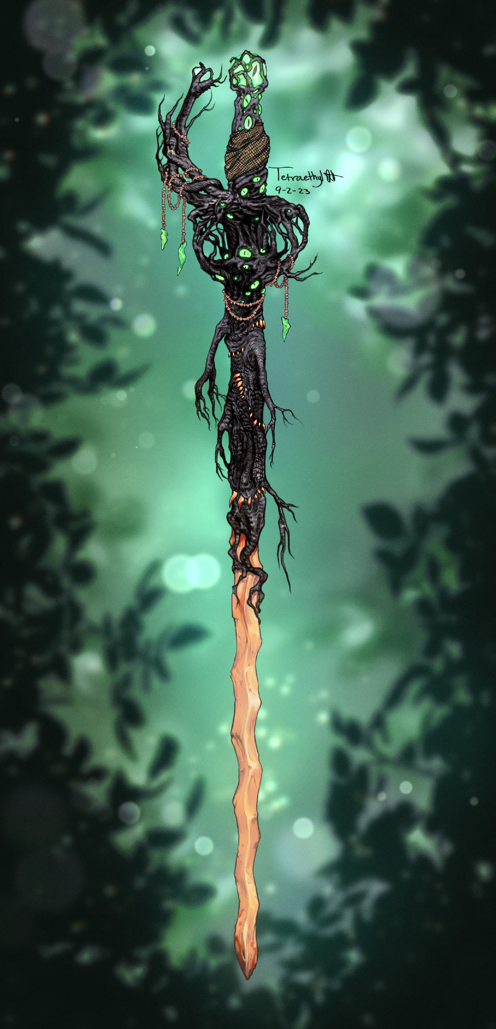 Witch - A sword made of carved bone and branches, with glowing green eyes and yellowing fangs