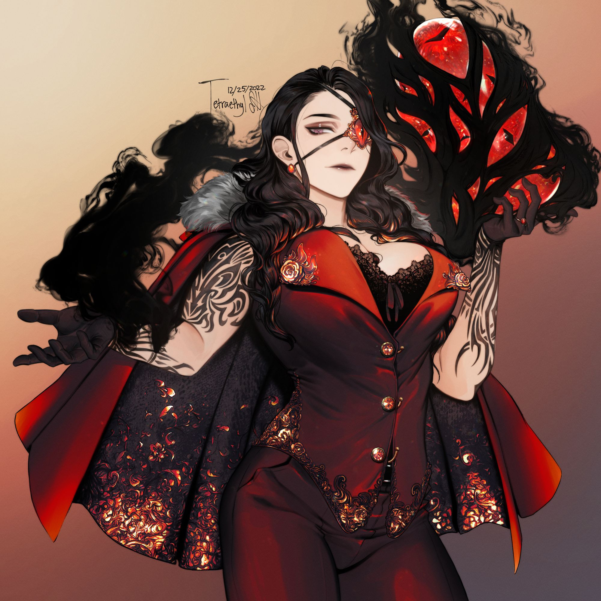 Half body commission of a woman with black hair, an eyepatch, red clothing with black lace and a smokey black demonic creature with red eyes coming from her tattoos.