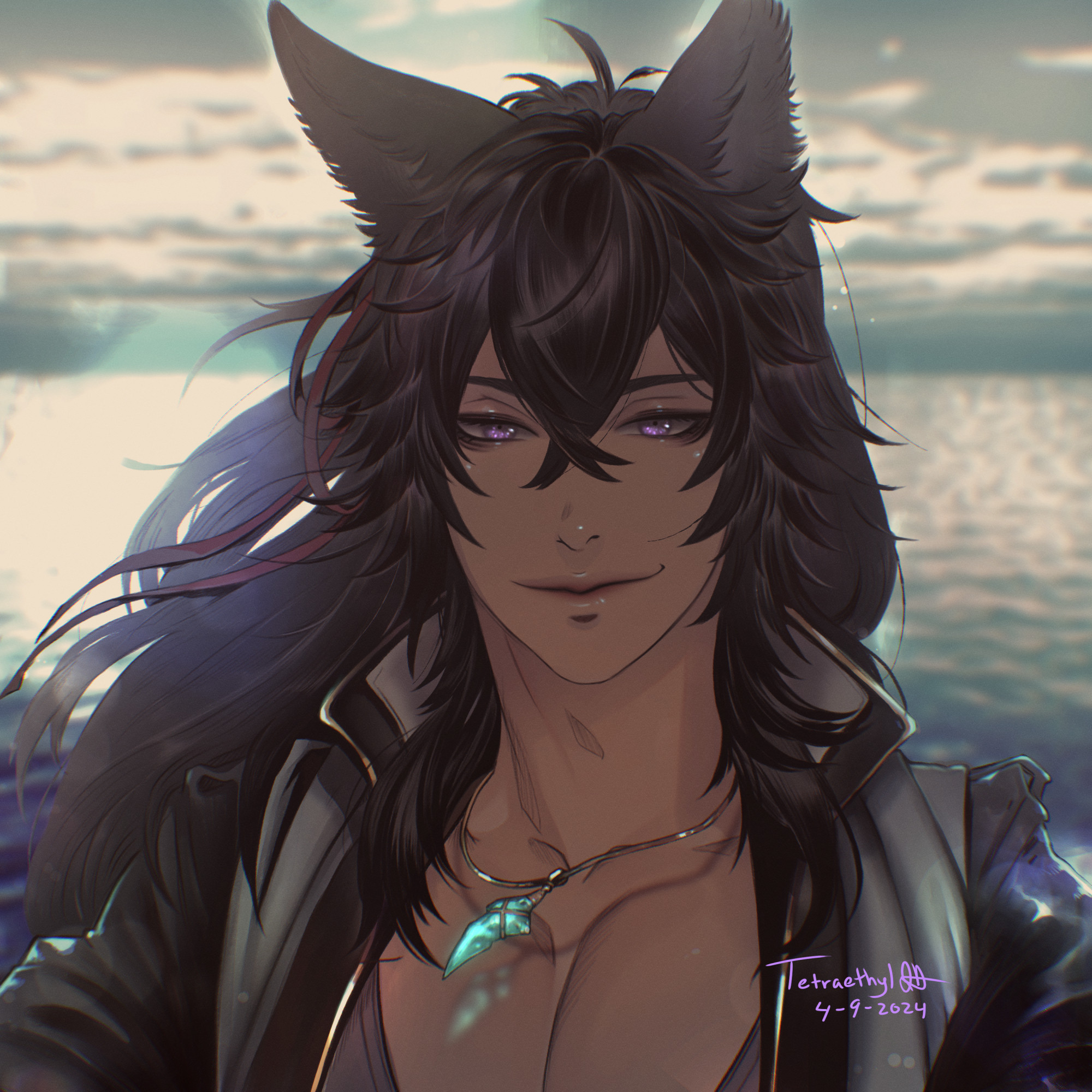 Portrait art of a black haired man with wolf-like ears and purple eyes in front of the sea and a cloudy sky in sunset. He is wearing a turquoise gem around his neck and a black jacket and red ribbon in his hair.