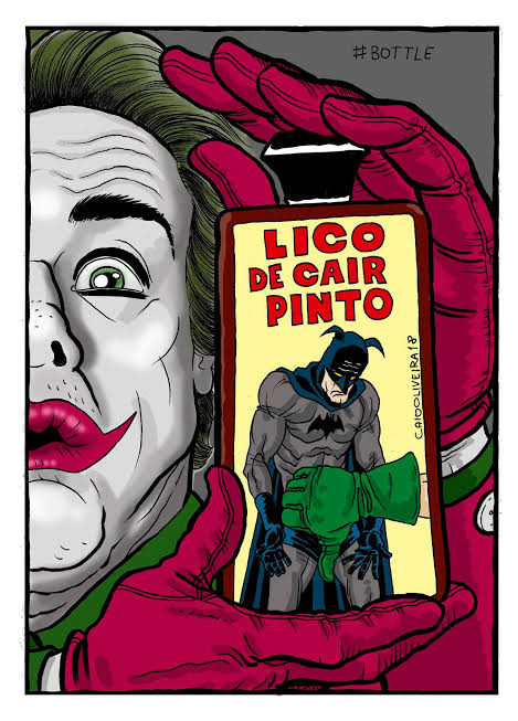 Coringa mostrando uma garrafa do Lico de Cair Pinto. No rotulo, o Bátimã triste, com o Robin (não ilustrado, mas identificado pela luva verde) apontando seu polegar para baixo