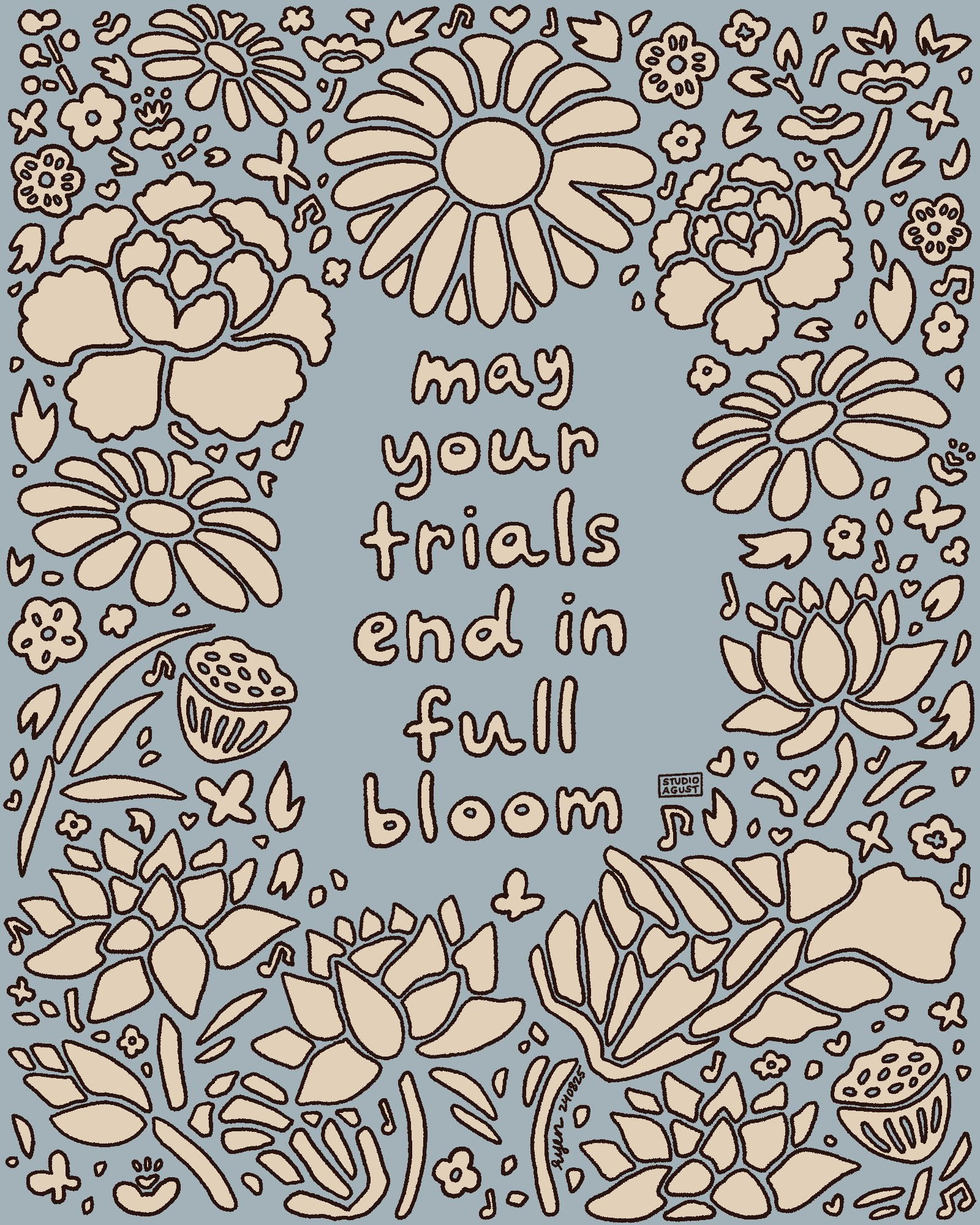 studioagust doodle art of yoongi / agust d assuring words “may your trials end in full bloom,” with beige doodles and light, soft blue background. flowers consist of peonies, chrysanthemums, and lotus flowers 