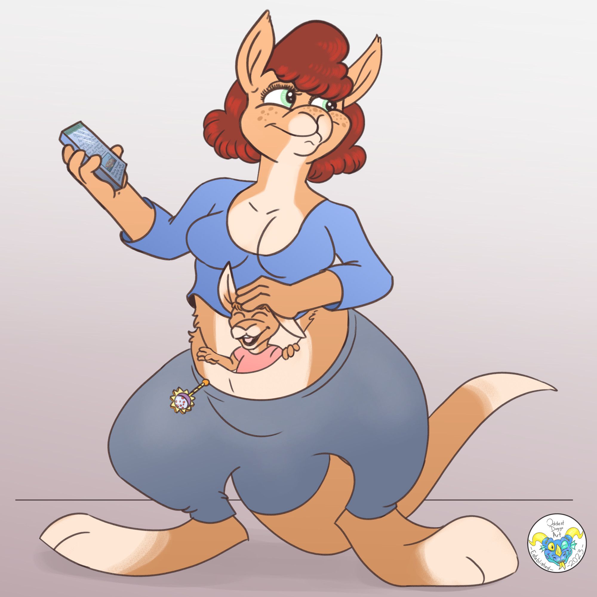 Digital art- anthro Kangaroo mom, with a baby in her pouch, holding a phone, but looking the other way. Her baby is dropping a rattle.