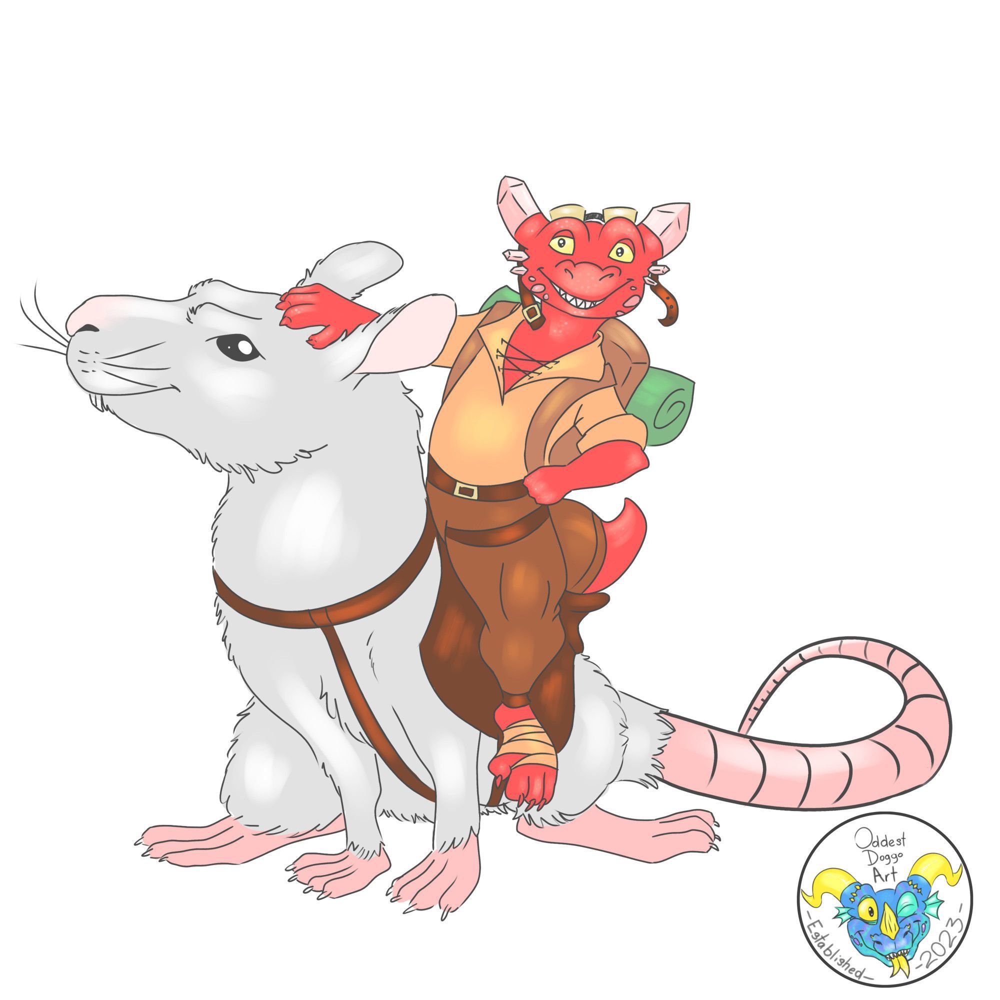 A red kobold ridding a huge rat.