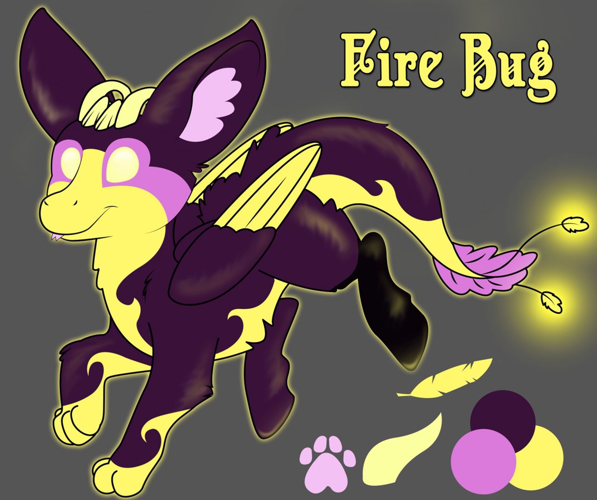 A purple, yellow and black Dutch Angel Dragon prancing, named Fire Bug.