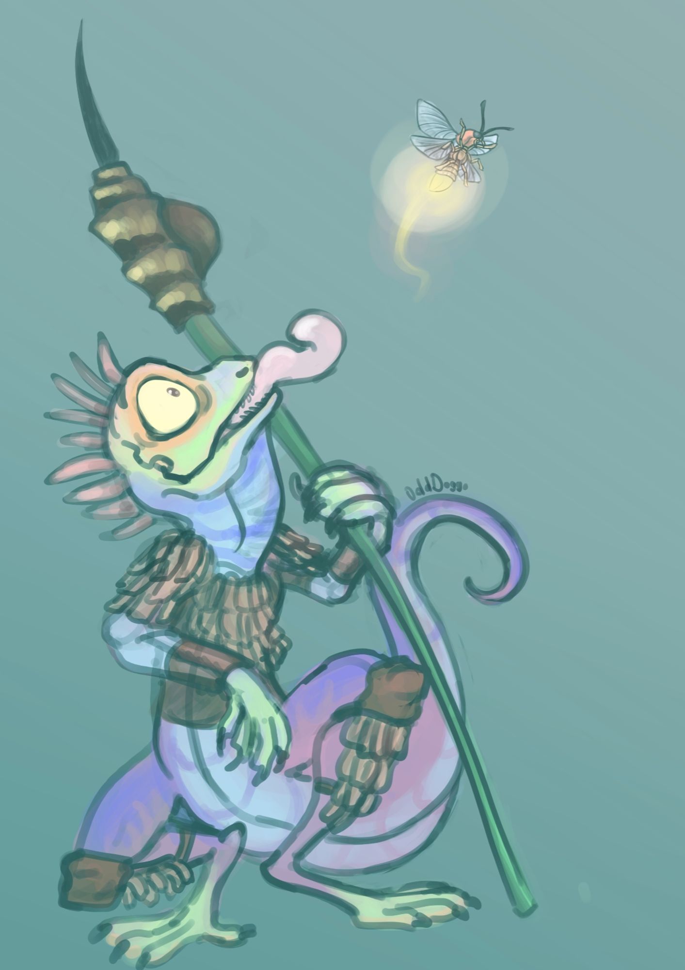 A little climbing kobold guard, looking at a bug with his sticky tongue partially out.