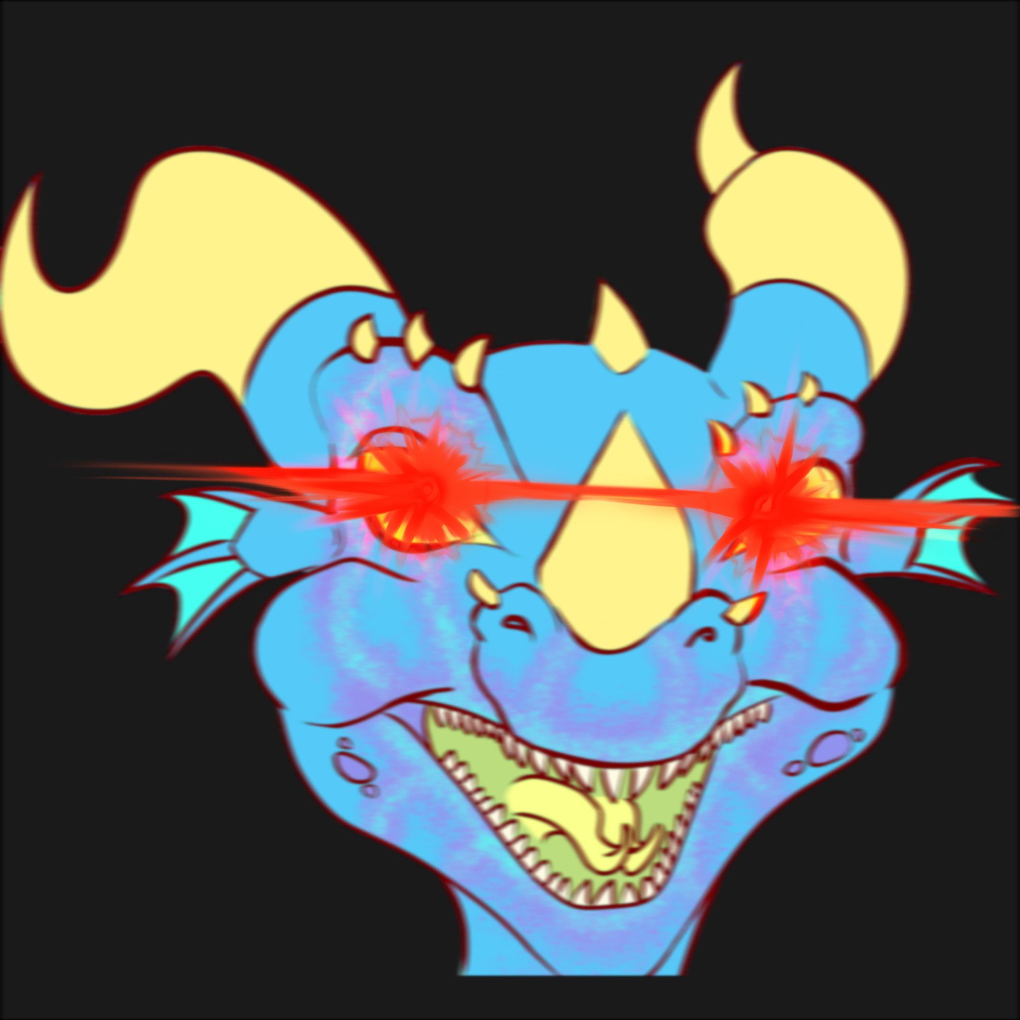 A badly blured image of the blue kobold Min, with lazer eyes