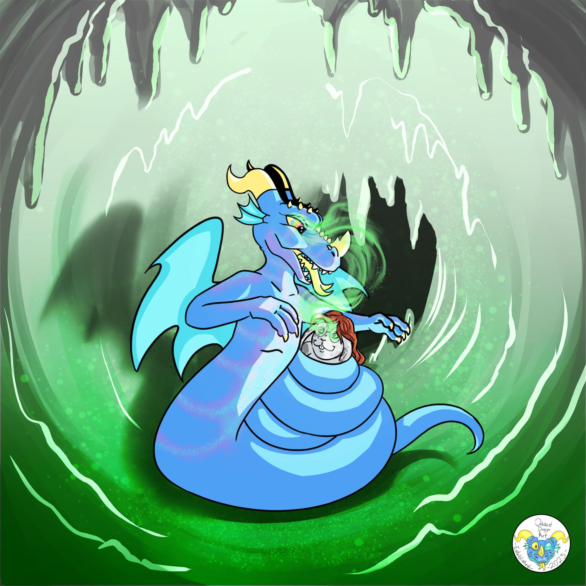 Art- In a green tinted cave, a blue Naga coils its tail around and anthro rabbit. The naga has swirly rainbow eyes, and green magic swirls from them, to the rabbit's eyes, which are green with swirls instead of pupils.