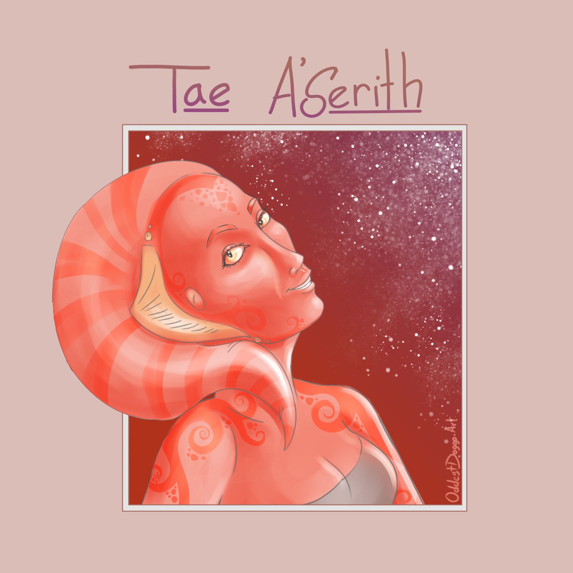 A red skinned woman, leaning her head over her shoulder and smiling.  She is alien looking, with fleshy tail on her head and small horns on the side of head head. Above her is the name 'Tae A'Serith'