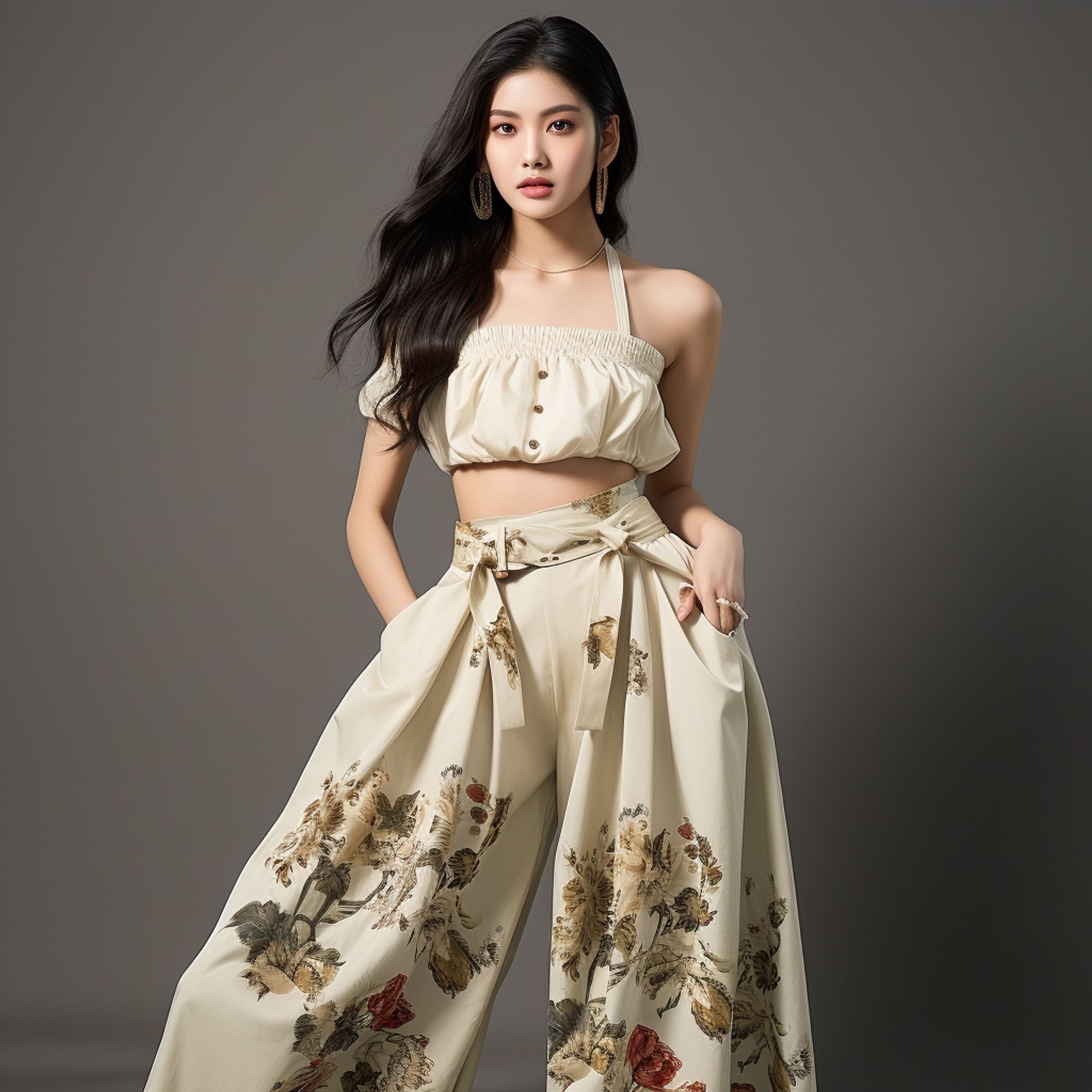 Image: Asian female model, tall and slender, wearing a harem style pants with a floral design with korean influence, and a clean minimalistic Nordic style crop top with 3 buttons. The entire suit is in beige / soft colors mz 