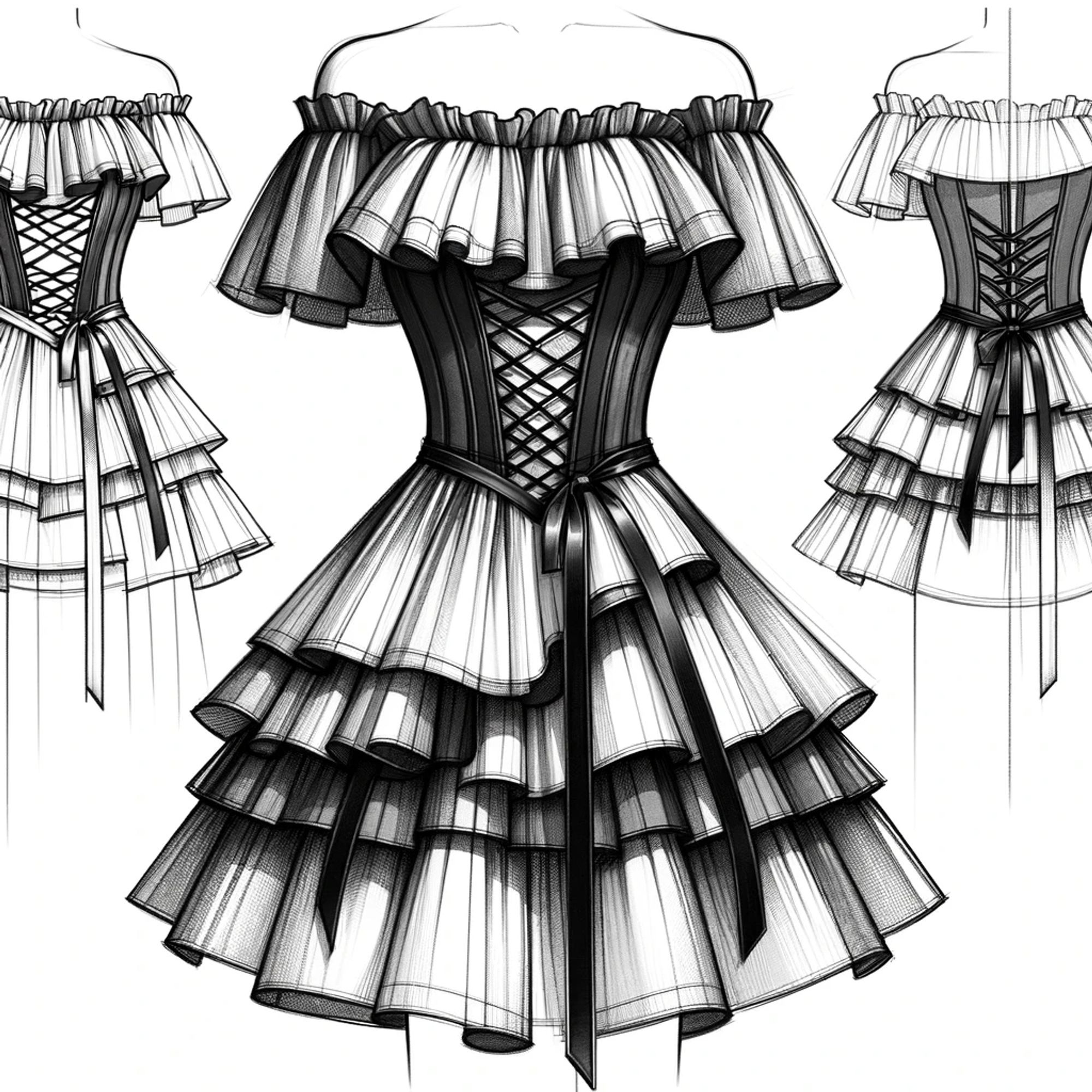 a black and white sketch of a dress, presented in three views: front, side, and back. The dress features an off-shoulder ruffled neckline with a fitted bodice that has a criss-cross laced design, cinched at the waist with a bow. The skirt is knee-length, flared with multiple ruffled layers, adding volume and texture. Each view highlights the intricate details of the ruffles, the transparency of the fabric, and the structured shape of the dress