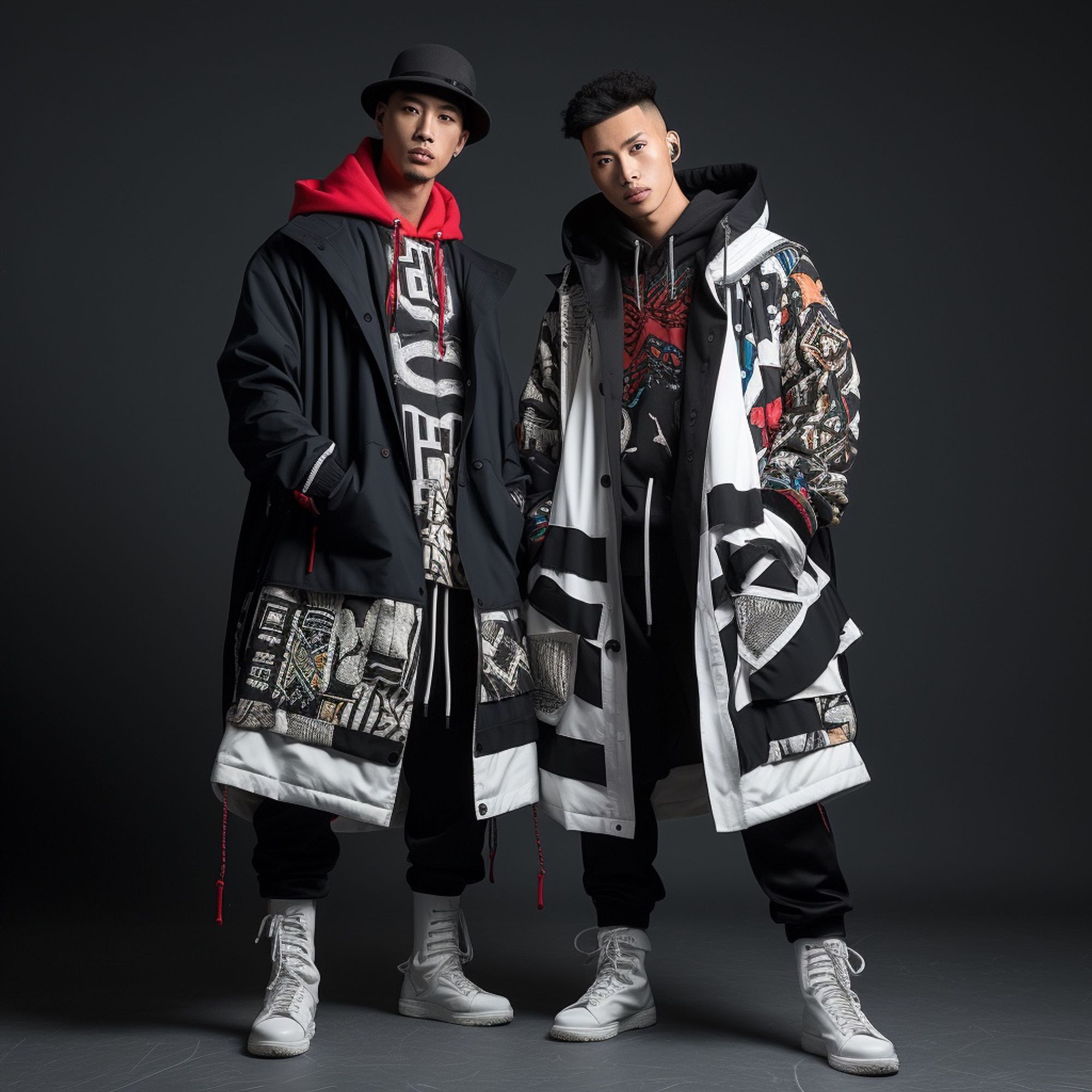 Left side: Clean black oversized jacket with traditional Korean patterns, combined with Nordic minimalism. Right side: Korean and Nordic street wear hybrid culture oversized jacket in white 