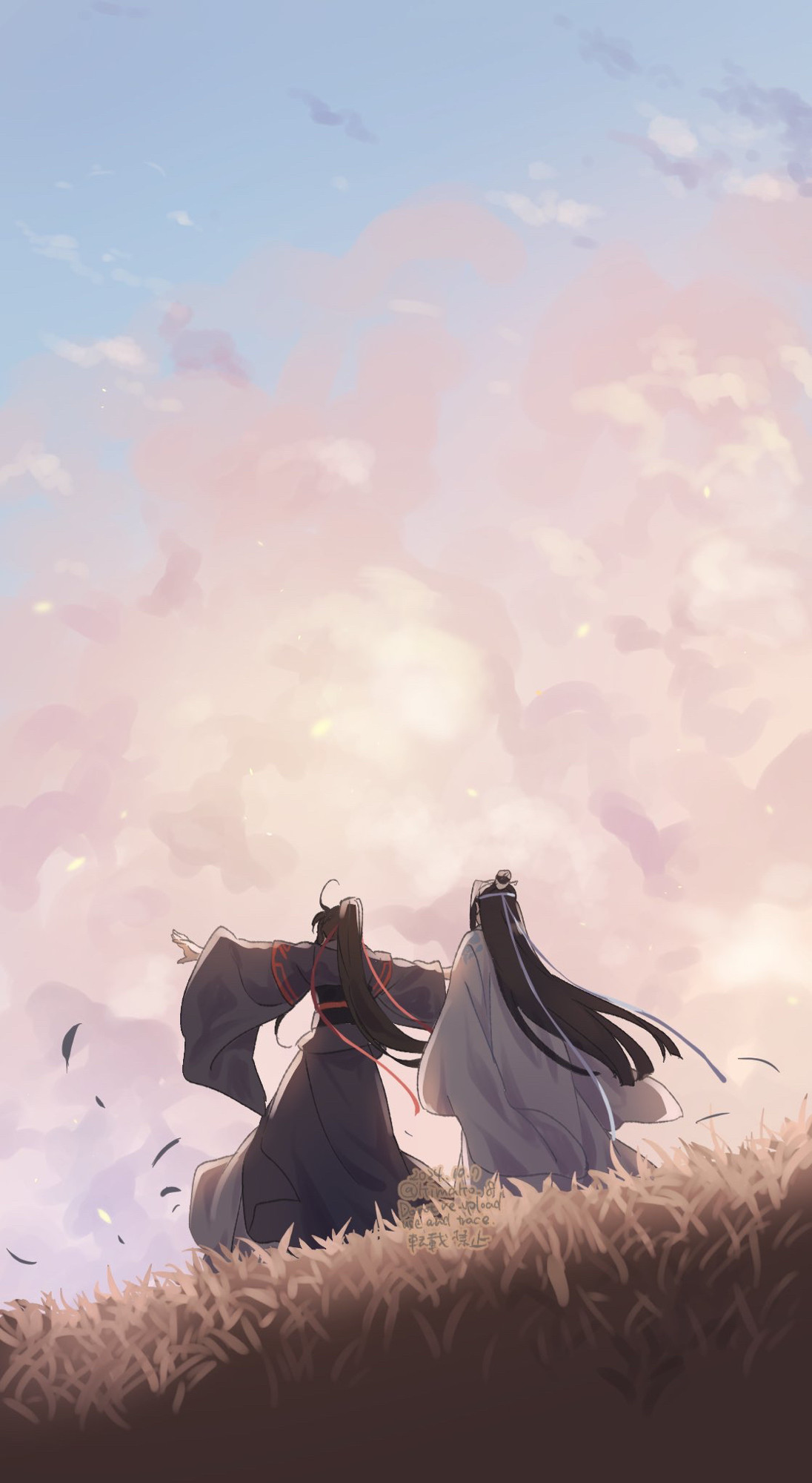 魔道祖師の魏無羨と藍忘機が夕暮れの草原を歩いている後ろ姿のイラスト。風が吹き、魏無羨の蹴りあげた草葉が散っている。どこかから帰る途中かもしれない。
タイトルの白秋は中国の五行思想で秋を指す言葉だそう。