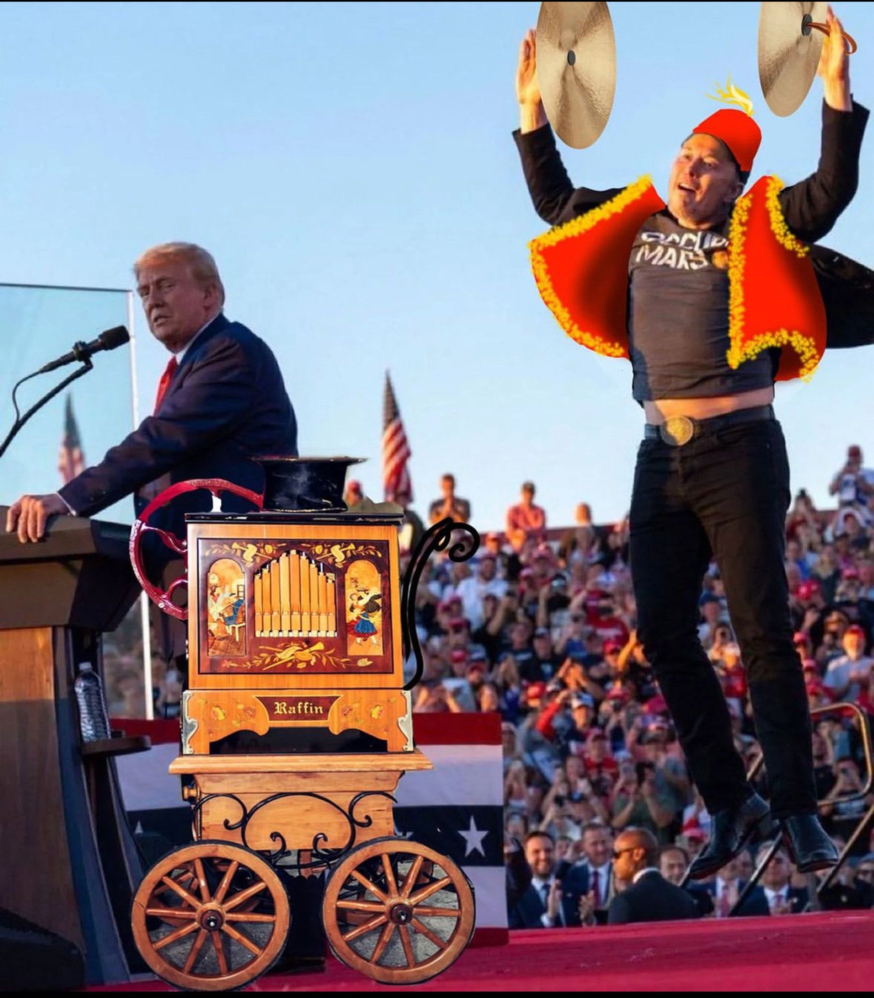 A person at a podium speaks while another person, dressed in colorful attire and holding cymbals, jumps energetically next to an ornate box.