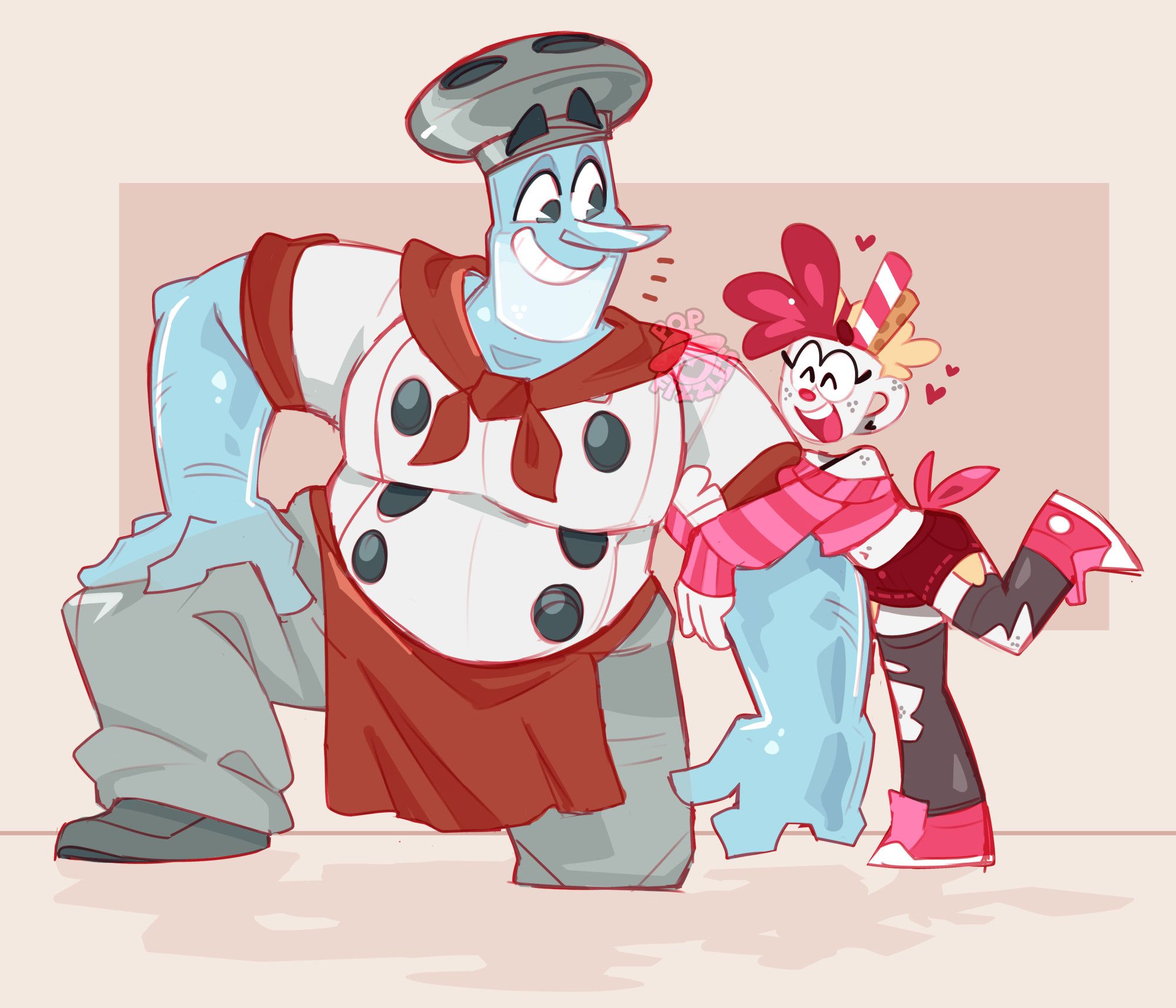 Digital full body artwork of Chef Saltbaker and Val (OP's cupsona). Saltbaker is on one knee, resting one hand on his thigh while his other arm is extended down to his side. Val is standing at Saltbaker's side, about as tall as the length of his arm. She has her arms wrapped around his bicep with one foot popped behind her. Chef Saltbaker is grinning towards Val, while she smiles with closed eyes, small hearts near her head.