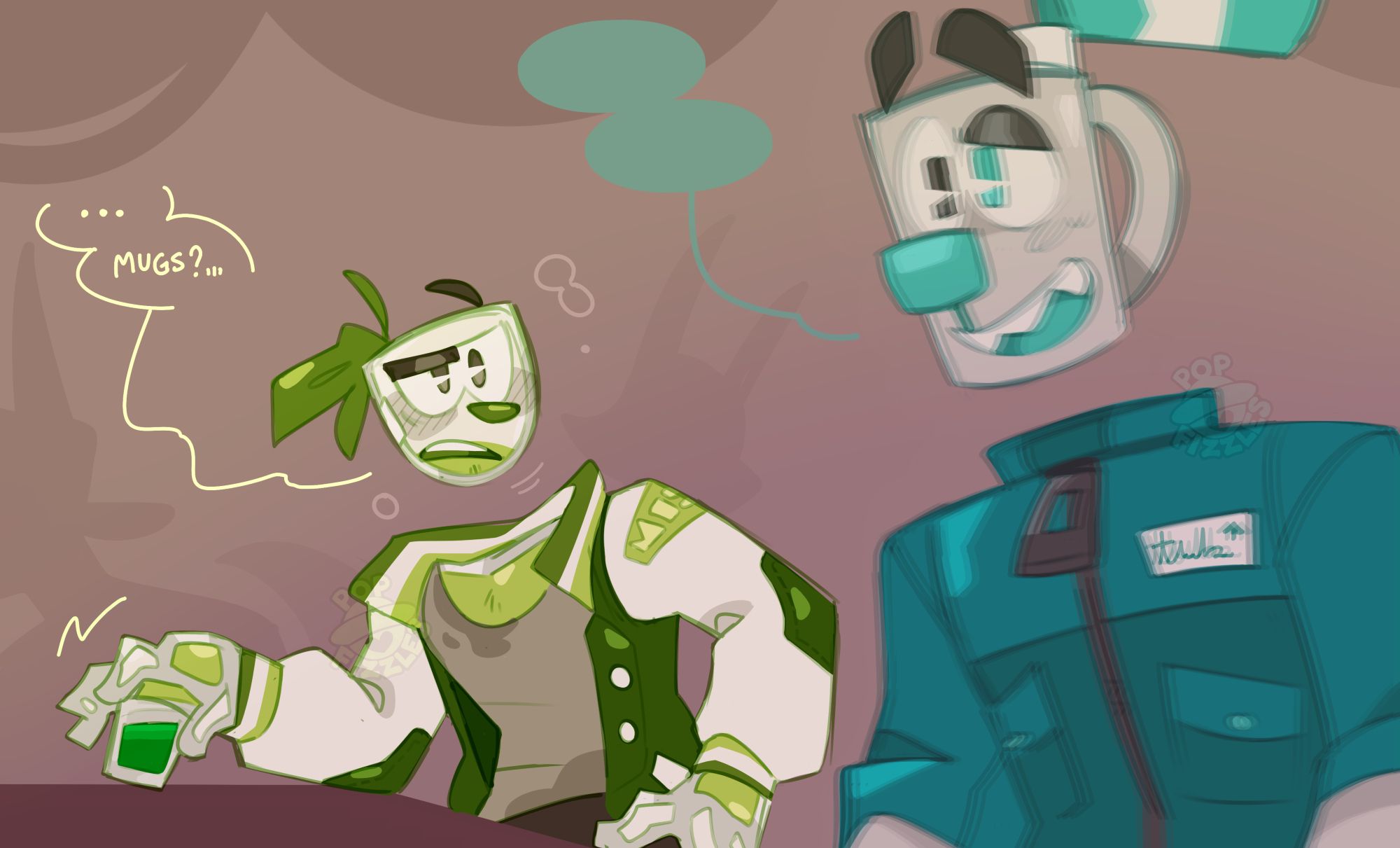 Digital art of Mojito and Tumbler (two of OP's Cuphead ocs). Mojito is at the end of the Devil's Casino bar, tilting a shot glass filled with green liquid while he stares drunkenly towards Tumbler. Tumbler is in the foreground, dressed in a dark teal jumpsuit, blurry and faded. Tumbler says something to someone off-screen, but the speech bubble is empty indicating that Mojito could not hear him.

Mojito: ... Mugs?...