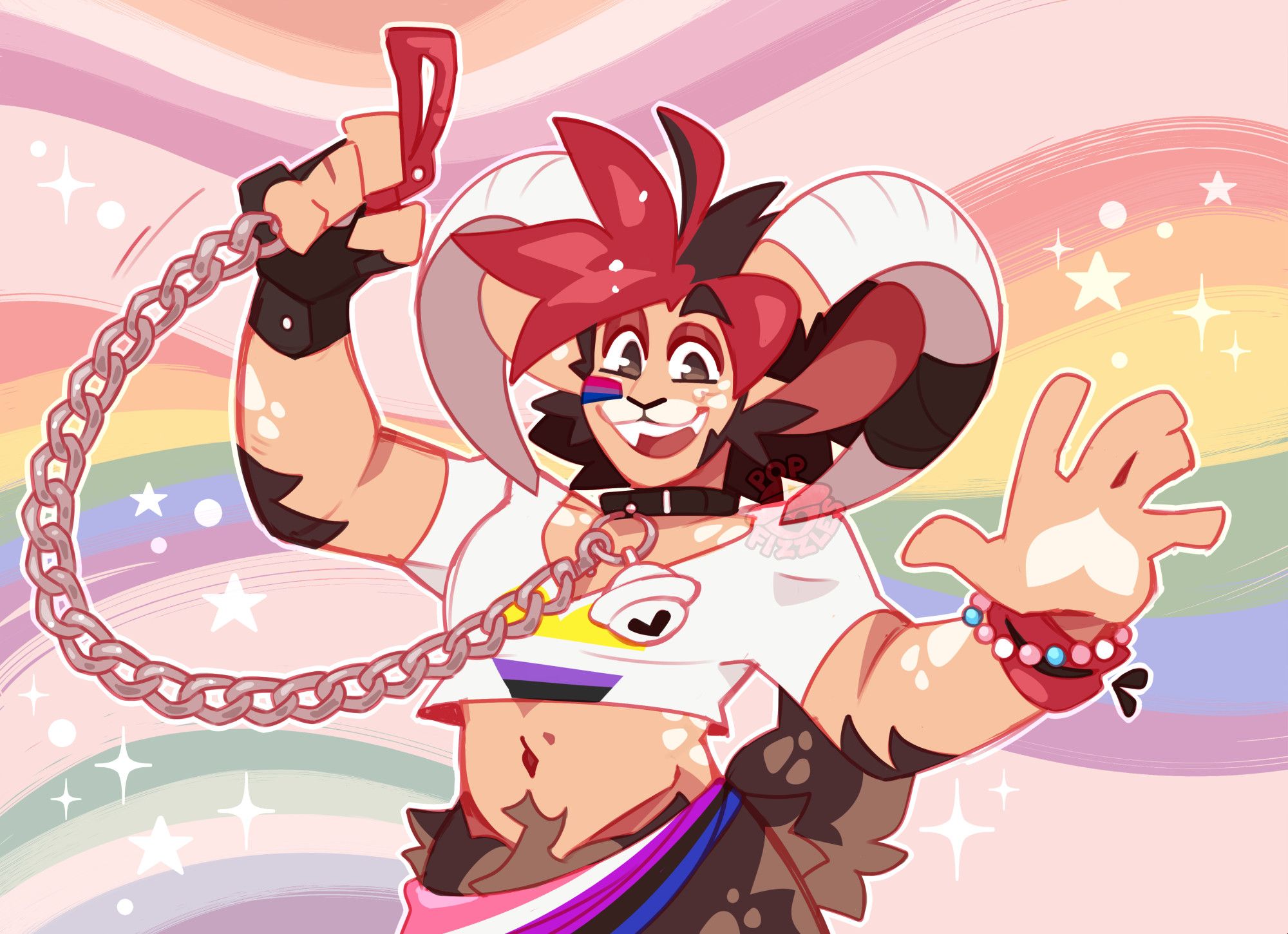 Digital artwork of Fizzles (OP's satyr sona). They have large mouflon horns, and their lower half is brown fur. They're covered in white freckles. They smile, revealing large fangs. They are wearing a cut crop-top, waving towards the viewer while holding a chain leash attached to their own collar in their other hand. They are wearing multiple pride flags (the nonbinary flag on their shirt, the bisexual flag as face-paint, the transgender flag as a bead bracelet on their hand, and the genderfluid flag as a scarf tied around their hips. The background features flowing, faint painterly shapes done in pride flag colors (including the lesbian, gay, and rainbow flags).