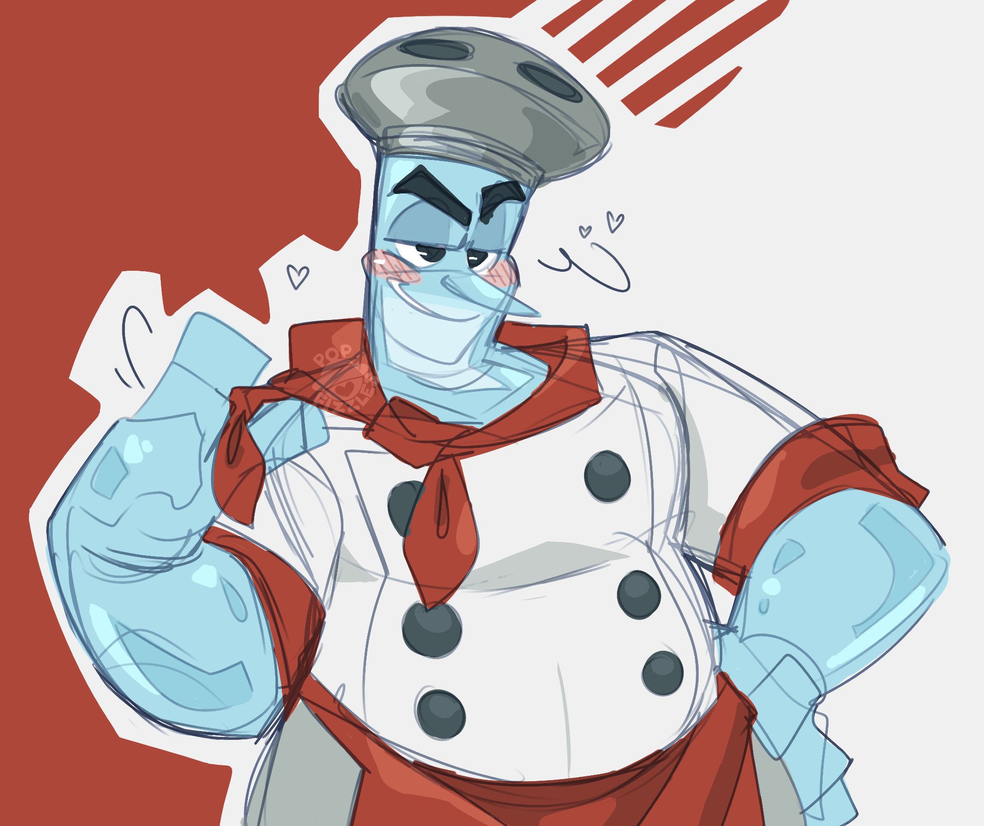 Digital artwork of Chef Saltbaker from the hips up. He holds one hand on his waist, his free hand twirling one end of the tie on his neckerchief. He has his head tilted down, grinning flirtatiously with a blush on his cheeks. The background is a beige and red geometric pattern. There are some heart doodles near his head.