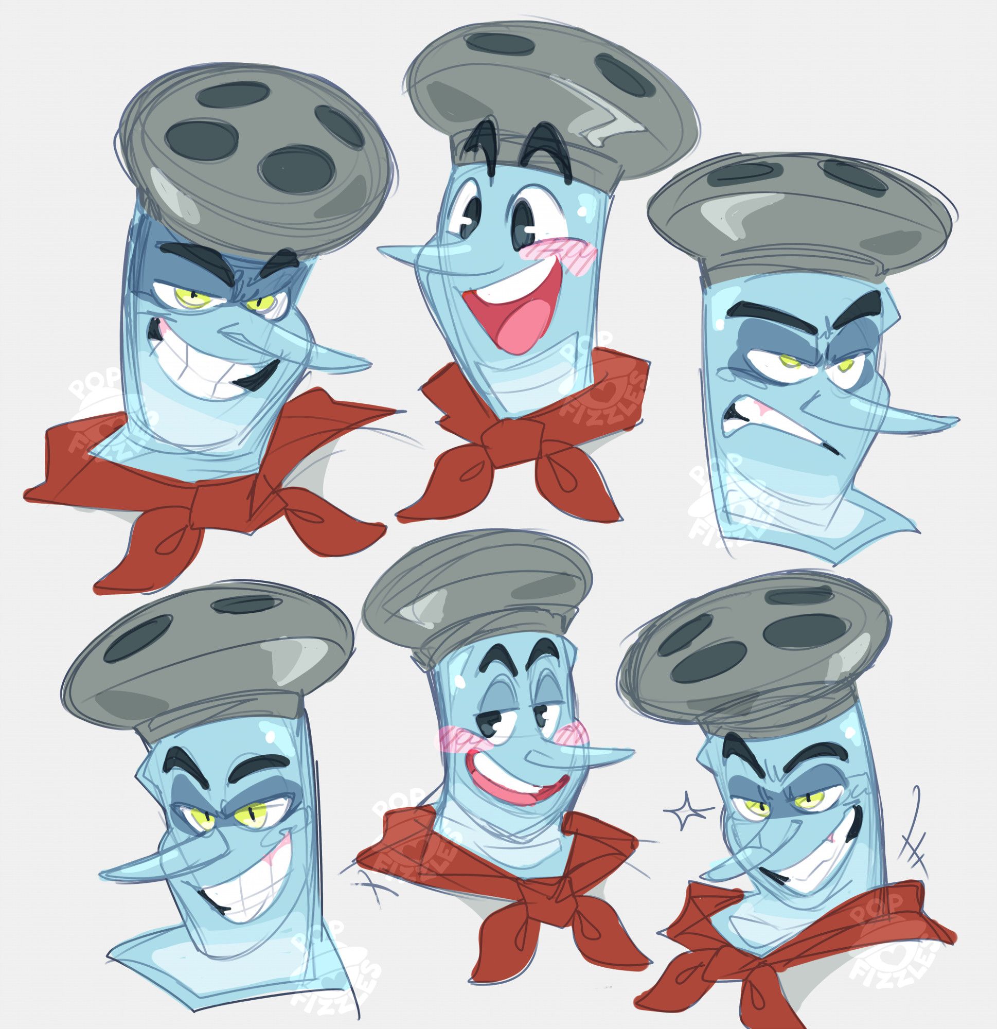 Digital sketch page of six head-shots of Chef Saltbaker, with various expressions ranging from a jolly smile to grimacing with dark shadows over his face.