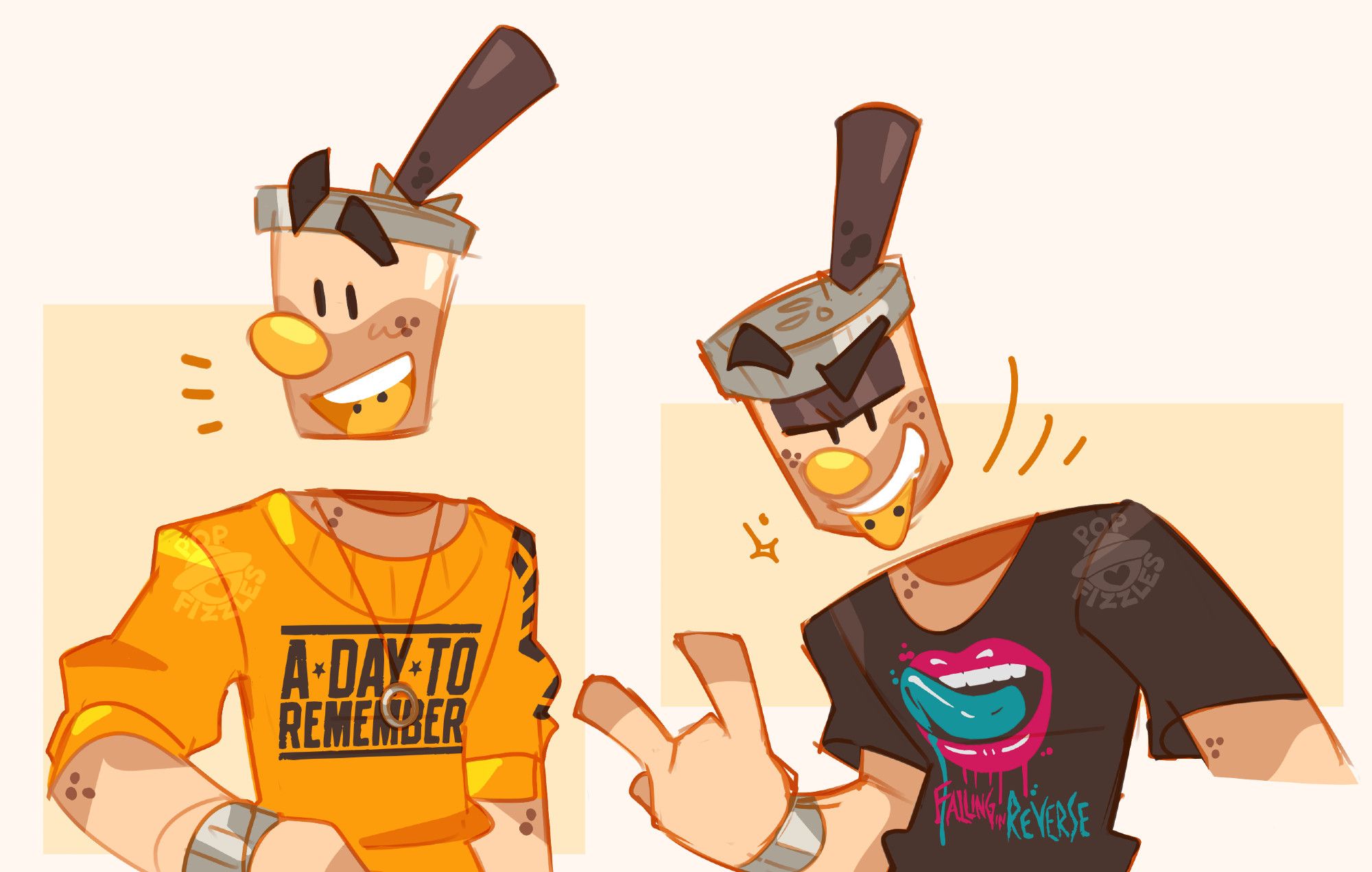 Two more arts of Boba from the waist up.

On the left, he wears a bright yellow, long-sleeve shirt with the text "A Day to Remember" on the front, and unreadable text down the left arm. He also wears a necklace with a ring hanging on it. They have a happy expression, mouth open.

On the right, Boba leans forward, his right hand making the sign of the horns. They wear a black shirt with a pink and cyan decal of lips and a tongue, the text "Falling in Reverse" underneath. He sticks his tongue out, catching it between their teeth.