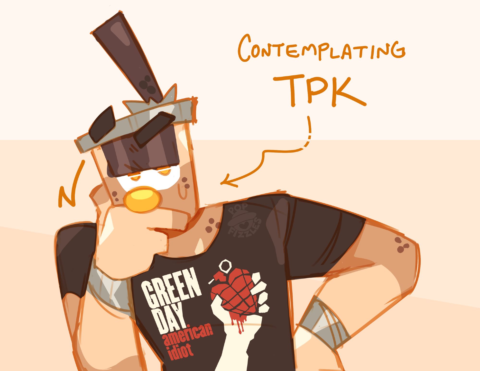 Digital artwork of Boba (OP's cupsona) from the midsection up. They're wearing a black shirt with the Green Day American Idiot decal; a white hand holding a red, heart-shaped grenade. Boba has his hand over his mouth, just under their nose. They look directly towards the viewer with a harsh stare, raising one eyebrow. They lean heavily on one elbow, their free arm cocked to the side, hand on hip. There's text with a squiggly arrow pointing towards them, which says "Contemplating TPK".