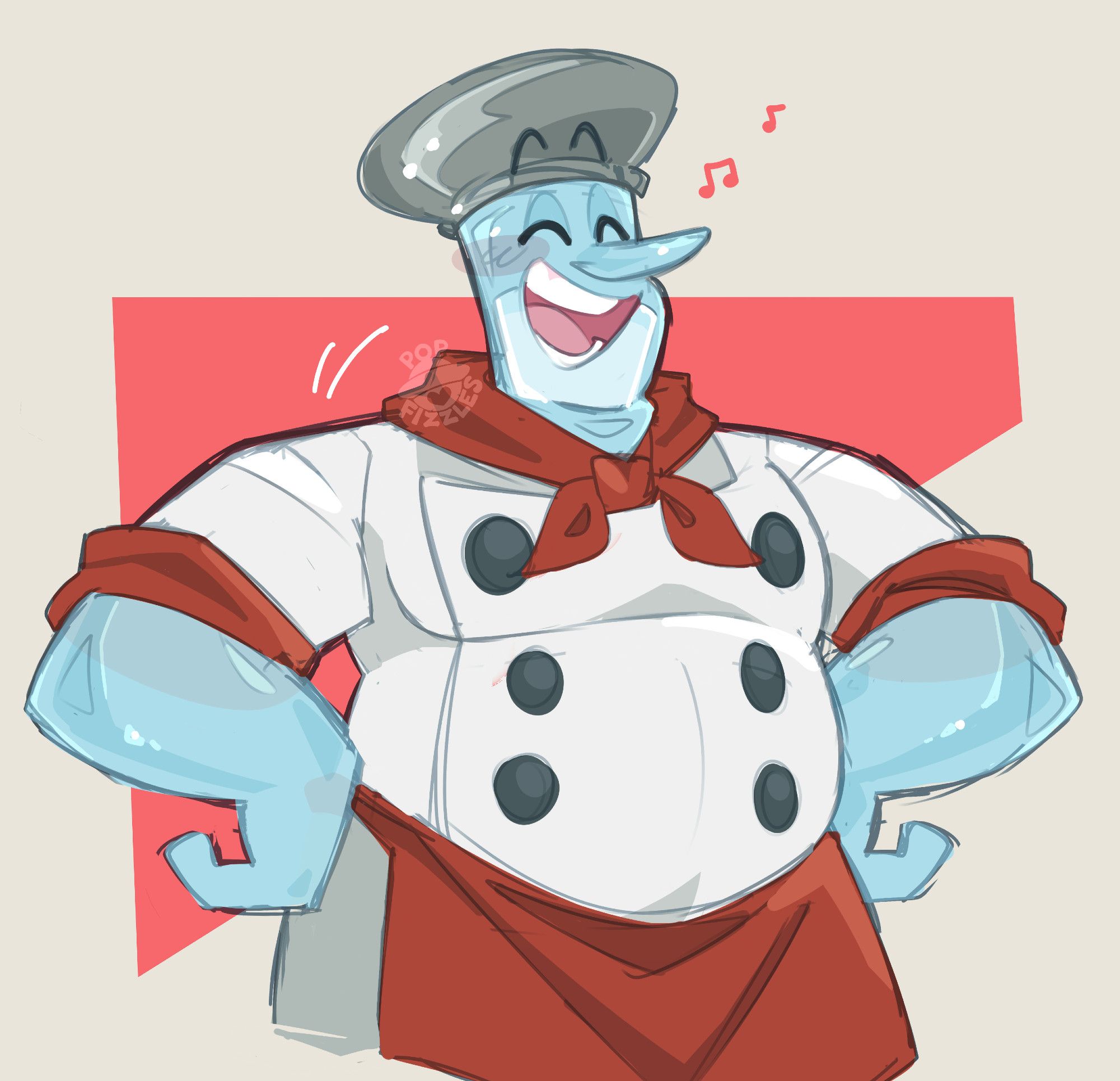 Digital artwork of Chef Saltbaker from the hips up. He stands proud, chest puffed, his hands on his hips with a happy expression, eyes closed. There are small music notes near his head, and the background is beige with a stark red shape behind his shoulders.