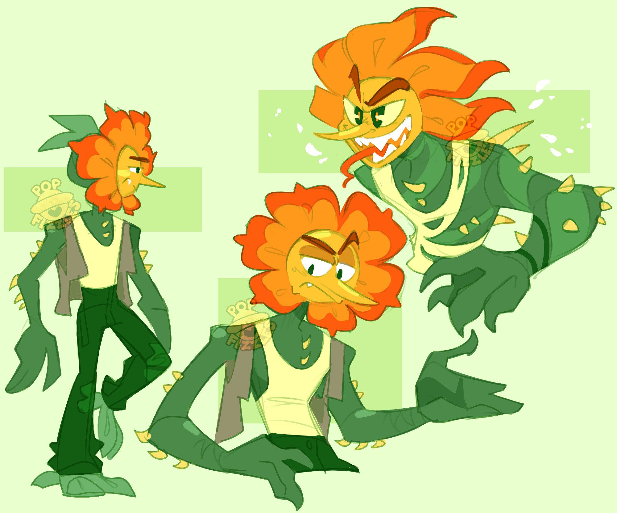 Digital artwork of Cagney Carnation, three separate times. From left to right;

A full body art of Cagney facing towards the right. He is dressed in a pale white tank top, wears a sleeveless brown over shirt, and high-waisted green pants with ripped knees. His body is very tall and lanky, and his feet are made from clusters of leaves. He has very large hands, and his arms are lined with small yellow thorns. There is a bulb with leaves mimicking a hair bun at the back of his head.

A waist-up, closer view of Cagney as he faces the camera. He has an annoyed frown, looking down and to the left. He extends one hand to the side, the other on his hips.

A waist-up of Cagney in his monstrous form, his body becoming wider and more muscular with coiled vines and more spikes. He has sharp teeth and a pointed tongue, yellowed eyes, and the petals around his head stretch out. His tank top is shredded. His head is surrounded by fluttering white petals.