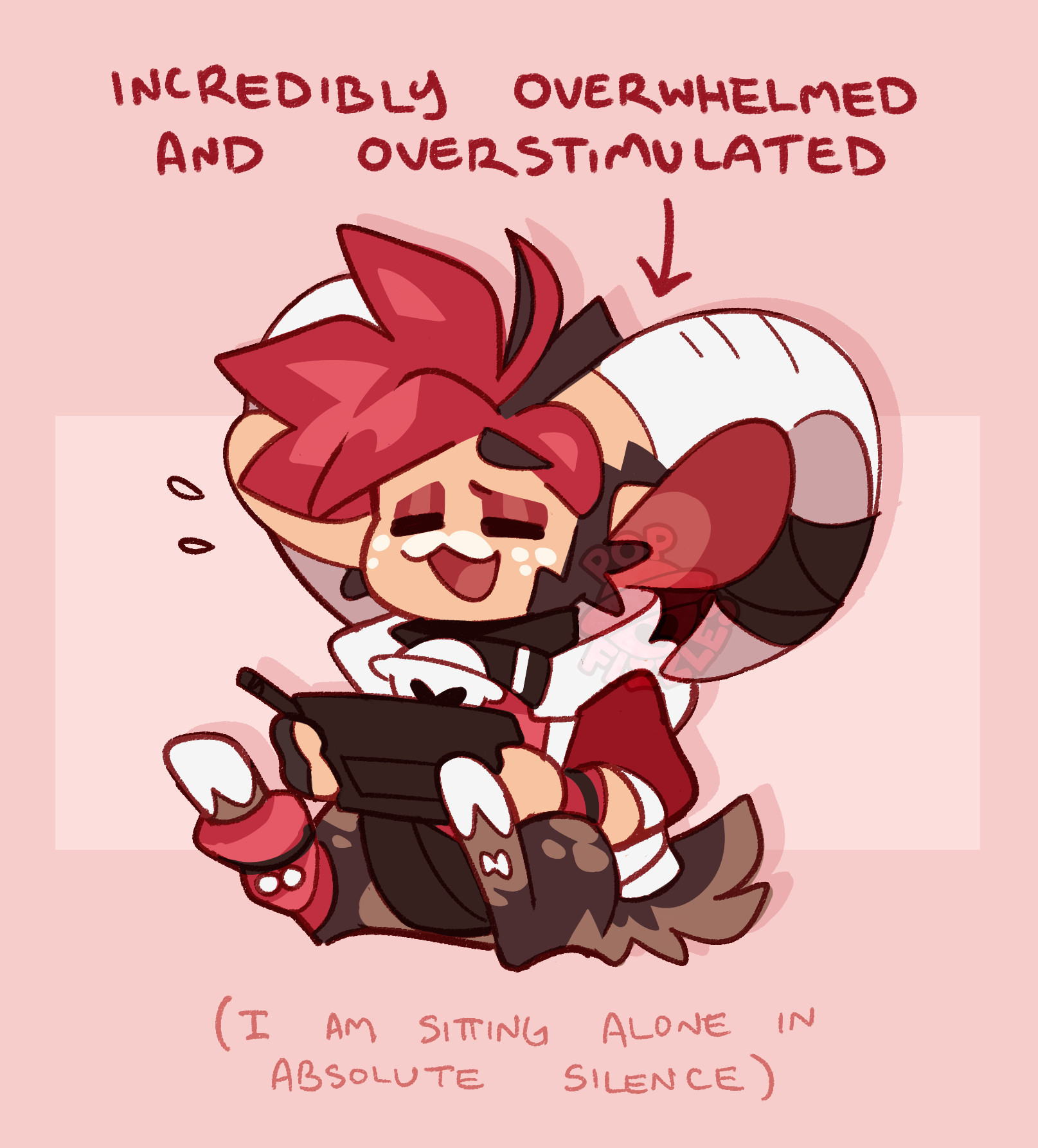 Digital artwork of Fizzles (OP's satyr sona) sitting in front of a pale pink background. They have brown and red hair, goat legs, large white ram horns, and a bell collar. They hold a tablet and pen, with an exasperated expression.

There is text above them with an arrow pointing down that says "Incredibly overwhelmed and overstimulated" and smaller, faint text underneath that adds "I am sitting alone in absolute silence" in parentheses.