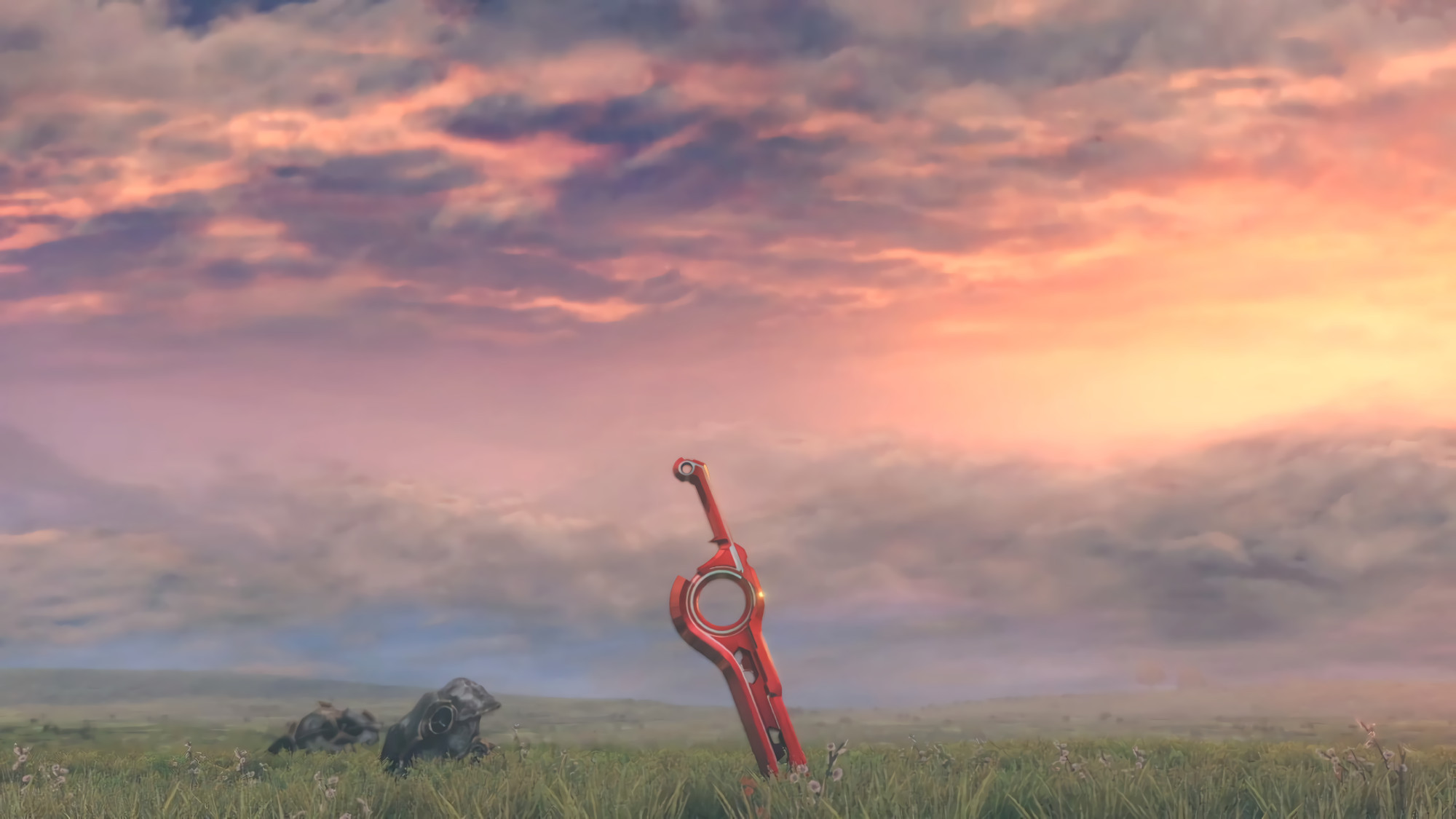 Xenoblade's title screen, specifically from Definitive Edition, albeit with no text. The Monado, a red blade of peculiar design, sticks from the grassy ground, a small pile of machine scraps not too far away. The sun sets off screen, the clouds rolling by in the sky.