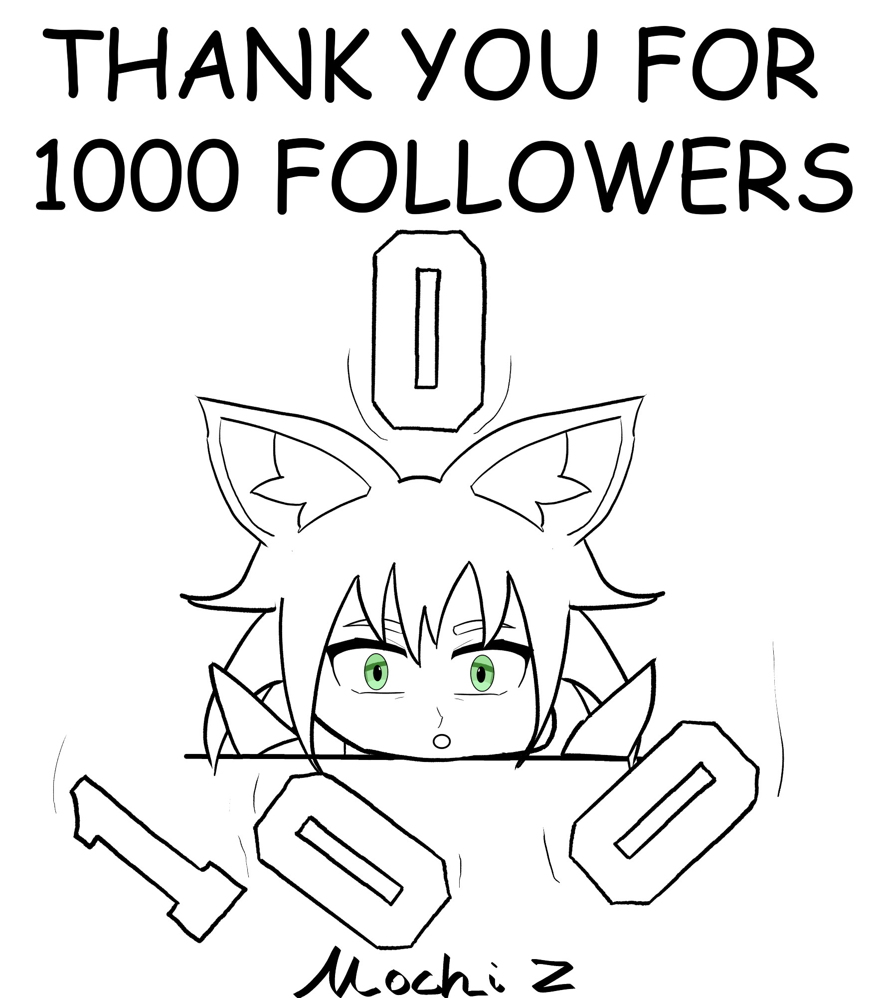 a celebration sketch featuring a chibi version of myself, Mochi Zuki, the catgirl

The caption reads "THANK YOU FOR 1000 FOLLOWERS" in comic sans for easier reading for dyslexic readers

The doodle itself is myself, a catgirl with green eyes, putting my chin on a table top as the number "1000" falls from above, the final 0 about to hit me on the head.

I thought up this idea because it felt like 1000 followers mark suddenly fell on me out of nowhere