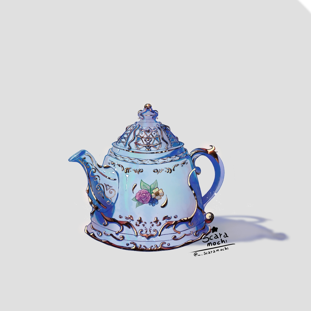 🇺🇲:
The illustration shows a decorated porcelain kettle in a classical style. It is predominantly light blue in color with gold details that appear on the rims, spout and lid. The handle of the kettle is curved and also decorated with gold elements. On the front, there is a painting of flowers, including a rose and other small flowers, in colors such as pink, purple and yellow, accompanied by some green leaves. The lid of the kettle is ornamented with an intricate design of geometric patterns, and there is a small gold detail on the top. On the body of the kettle, around the floral painting, there are more decorative details in gold that give the piece a sophisticated touch. It appears to be a decorative or collectible kettle, standing out for its elegant and delicate design. The background of the image is simple and in a neutral color, so that the kettle is the main focus. 

🇧🇷:
A ilustração mostra uma chaleira de porcelana decorada, em estilo clássico. Ela tem uma cor predominante azul-clara com detalhes dourados, que aparecem nas bordas, no bico e na tampa. A alça da chaleira é curva e também decorada com elementos dourados. Na parte frontal, há uma pintura de flores, incluindo uma rosa e outras pequenas flores, em cores como rosa, roxo e amarelo, acompanhadas de algumas folhas verdes. A tampa da chaleira é ornamentada com um design intrincado de padrões geométricos, e há um pequeno detalhe dourado no topo. No corpo da chaleira, ao redor da pintura floral, há mais detalhes decorativos em dourado que dão um toque sofisticado à peça. Ela parece ser uma chaleira decorativa ou de coleção, destacando-se pelo design elegante e delicado. O fundo da imagem é simples e em uma cor neutra, para que a chaleira seja o foco principal